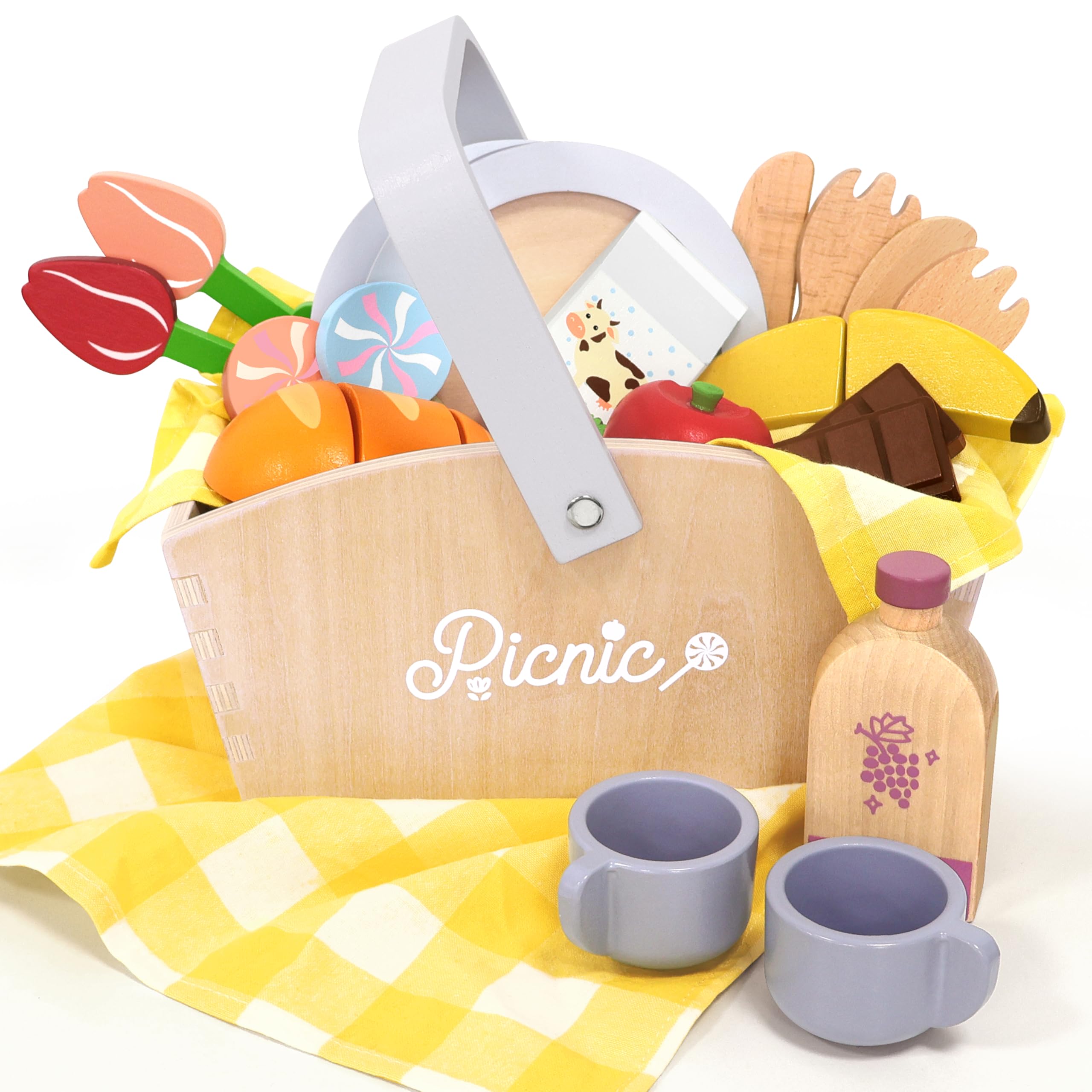 Wooden Picnic Basket Play Food Set – 21 PCS Pretend Kids Kitchen Toy with Blanket, Cutting Fruit & Dual Place Settings – Imaginative Outdoor Role-Play Gift for Toddlers Ages 3+