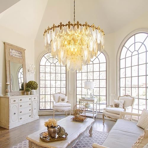 Miniatura 2 de Modern Large Crystal Chandelier, 4-Layer Gold Glass Chandelier, 12 Light Round Antique Ceiling Pendant Light, 31.5 Inchs Adjustable Height for