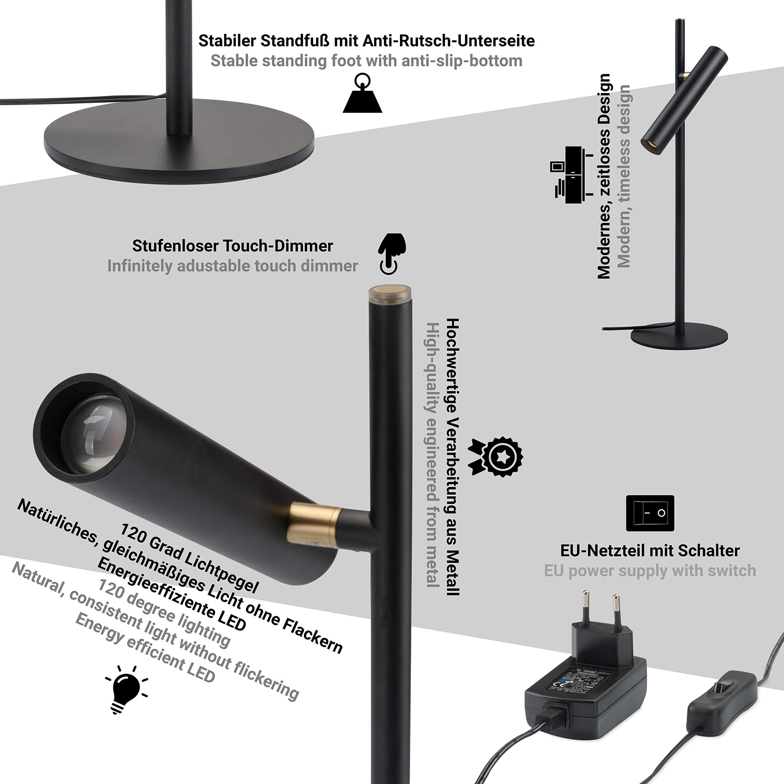 LUUK LIFESTYLE Lampada da tavolo a LED, design estetico, lampada da ufficio, lampada da scrivania, da lettura, da comodino, comando a tocco, con luminosità regolabile, nero opaco