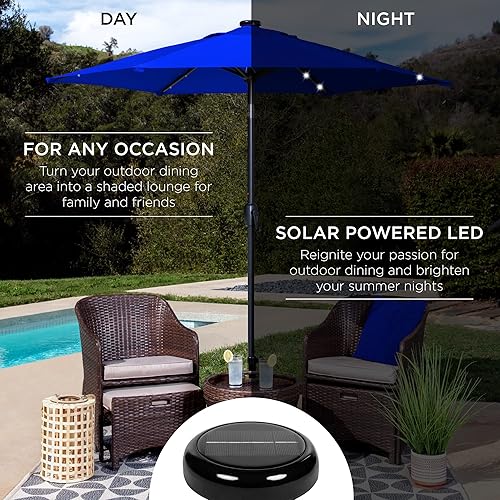 Vista 280 de Best Choice Products - Sombrilla solar de 7.5 pies para exteriores, patio, mesa, mercado, terraza, piscina con inclinación, manivela, luces LED