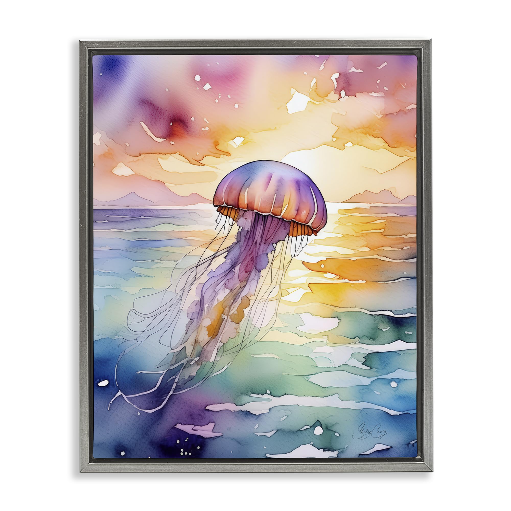 Stupell Industries Celestial Jellyfish Ocean Sunset 'Celestial Drift Jellyfish', Floating Frame Canvas Art, Gray, 25 X 31 Inches, Easy To Hang And Sturdy, Made In Usa, By Shelly Craig