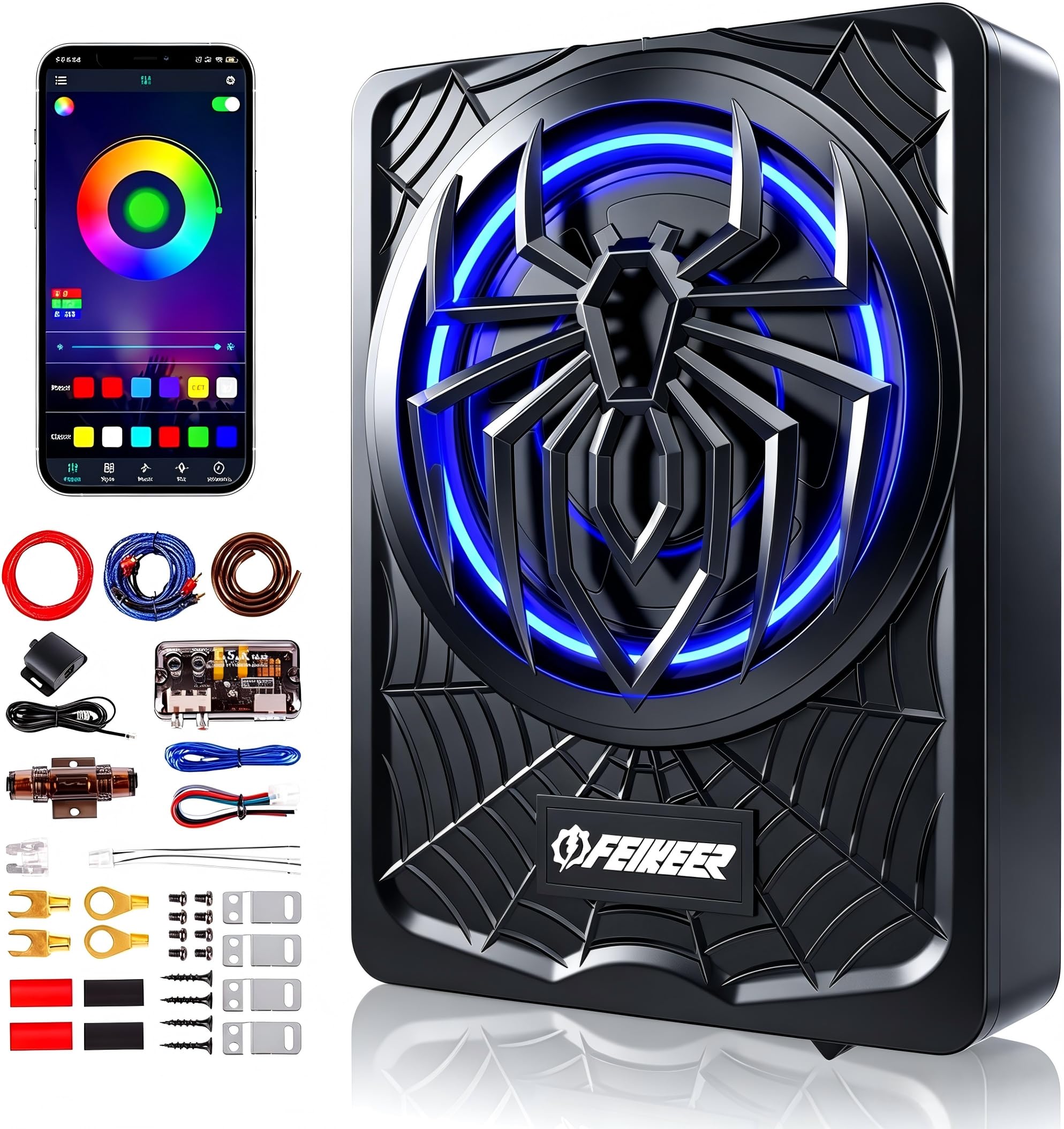 NEW 1200W Slim Underseat Subwoofer and Amp Package,APP Controls Light