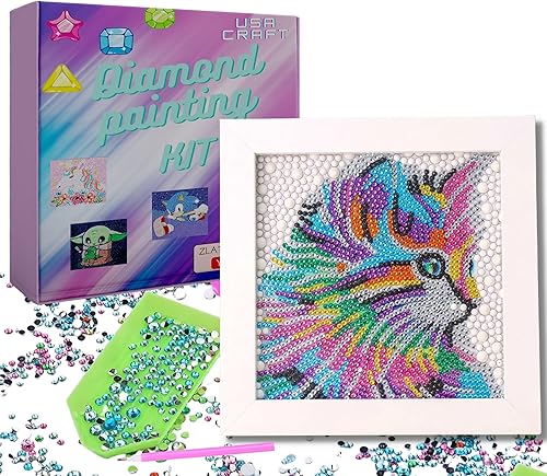 Lindos kits de pintura de diamantes para niños de 5 a 7 años y niñas de 9 a 12 años, marco de madera natural grande de 7 x 7 pulgadas, lienzo