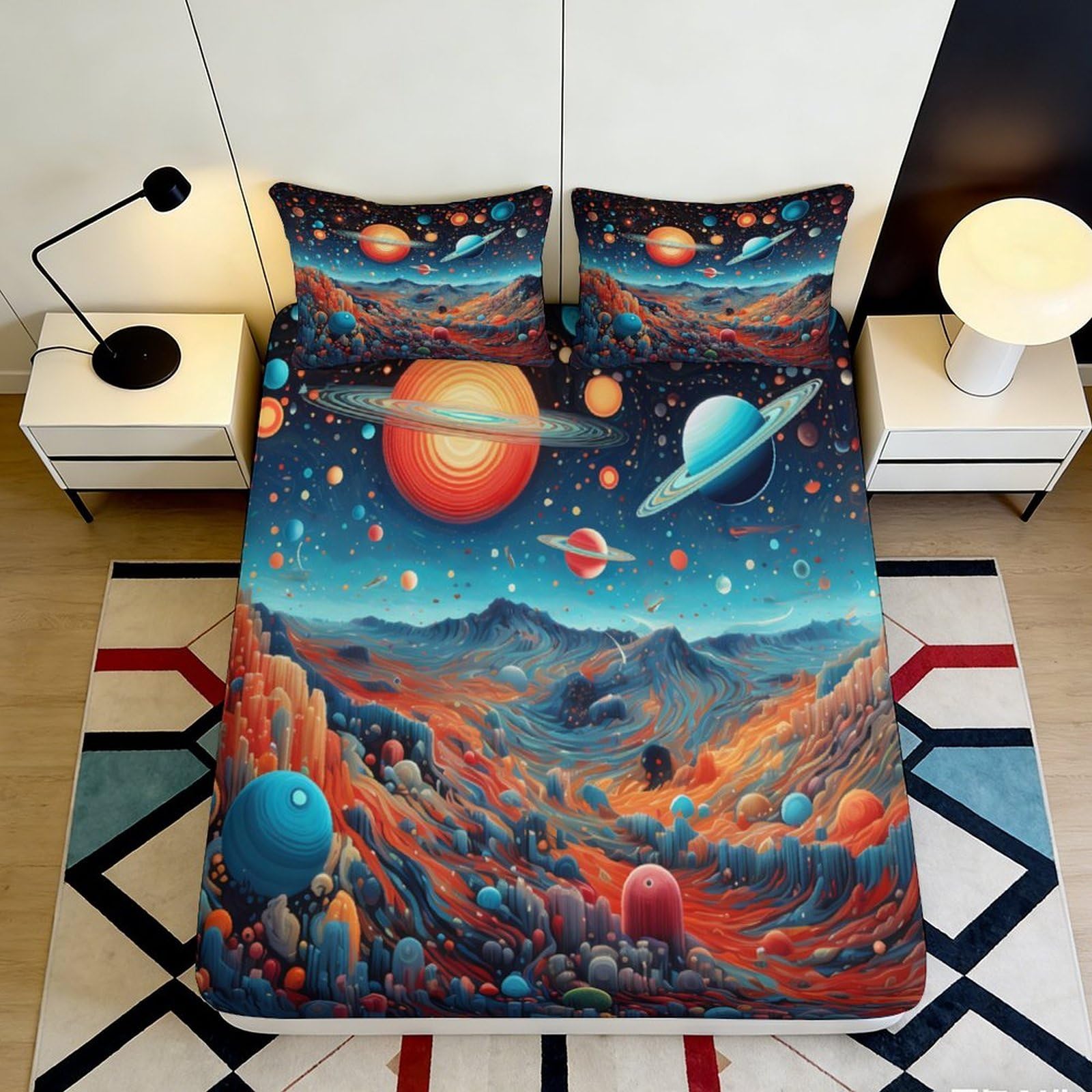 3D Printed Solar System Fitted Sheet Microfiber Soft Planetary Landscape Mattress Cover for Bedroom Dorm Decor 90x200x25cm