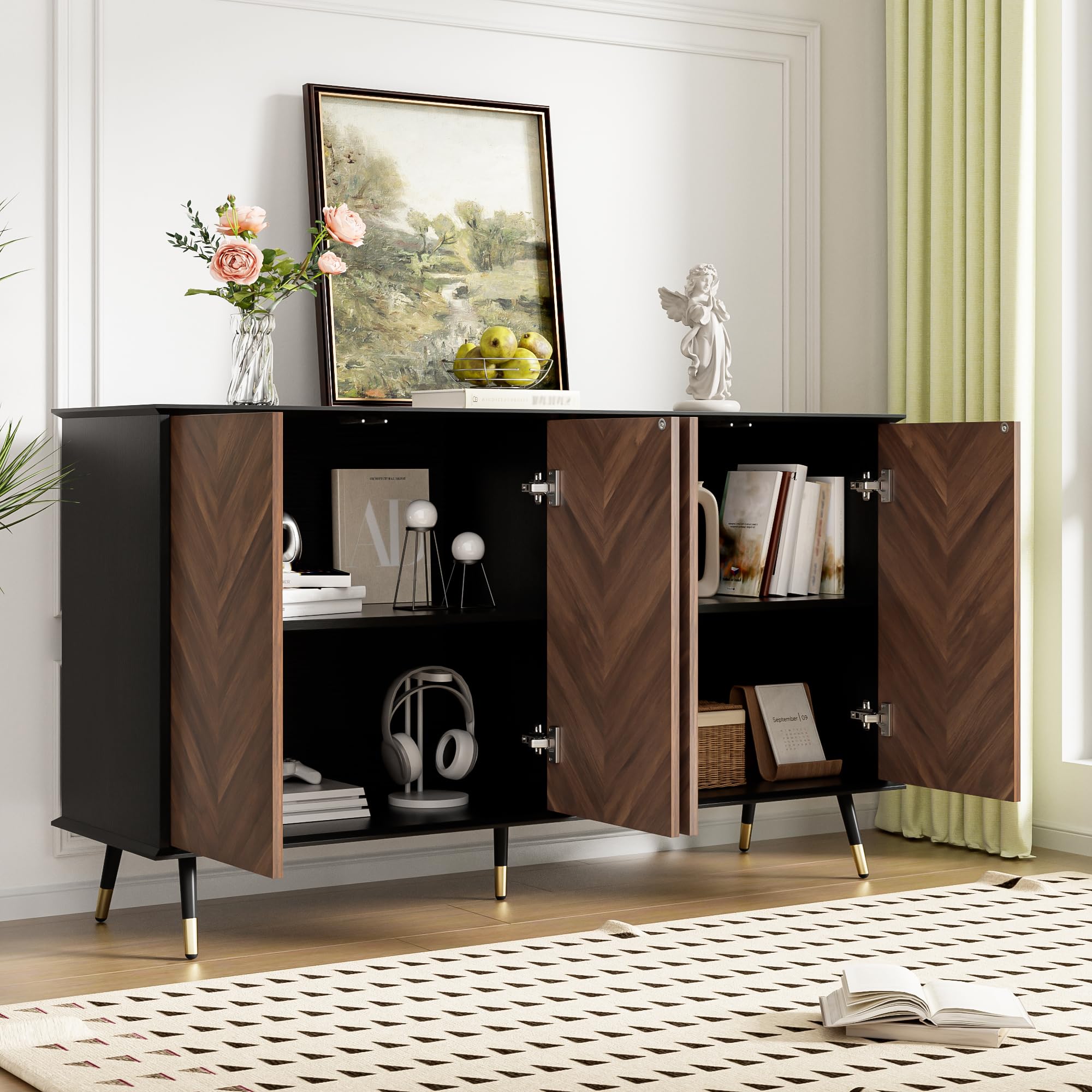 Credenza moderna con motivo a spina di pesce, armadio a buffet con 4 ante e ripiani regolabili in altezza, legno MDF e piedini in metallo, spazio per soggiorno, corridoio e sala da pranzo