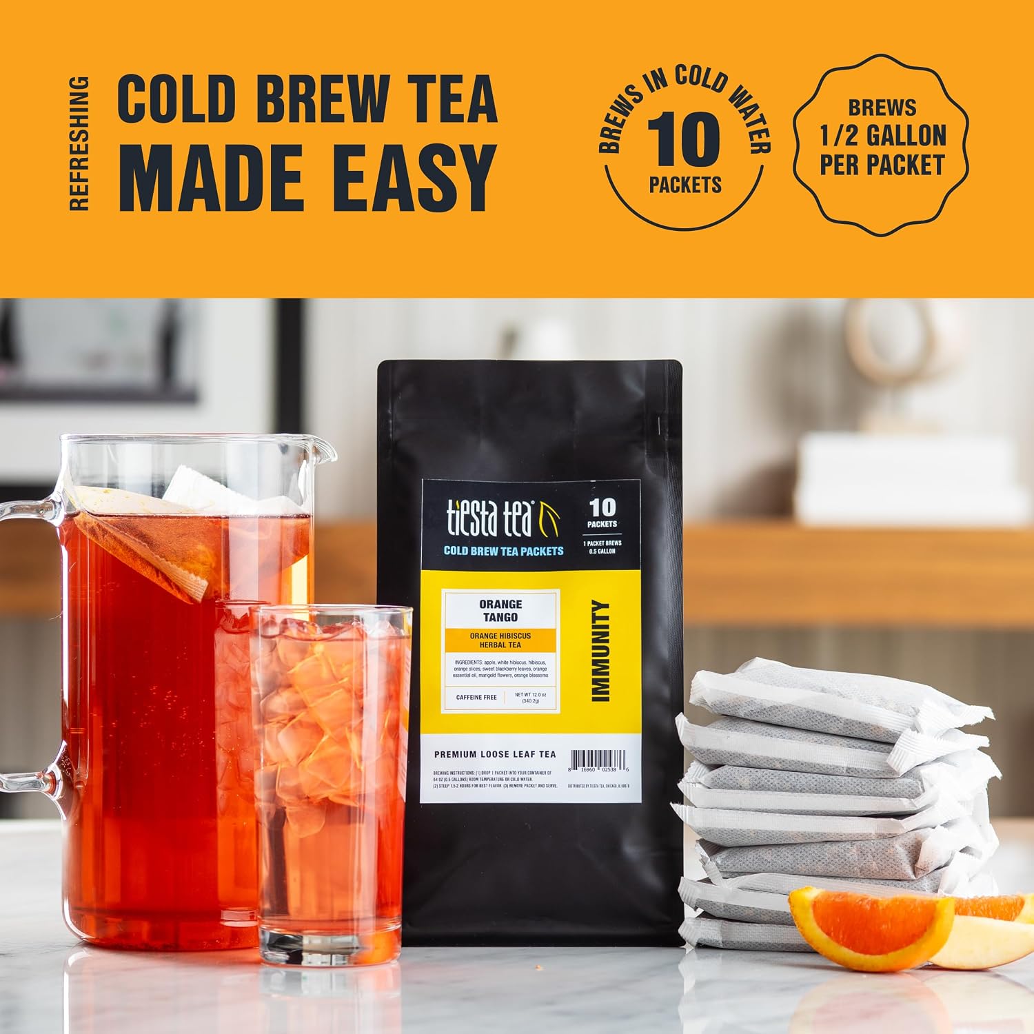 Tiesta Tea - Orange Tango Cold Brew, Loose Leaf, Premium Blend, Non-Caffeinated,10 Tea Packets, Brews One 64oz Pitcher