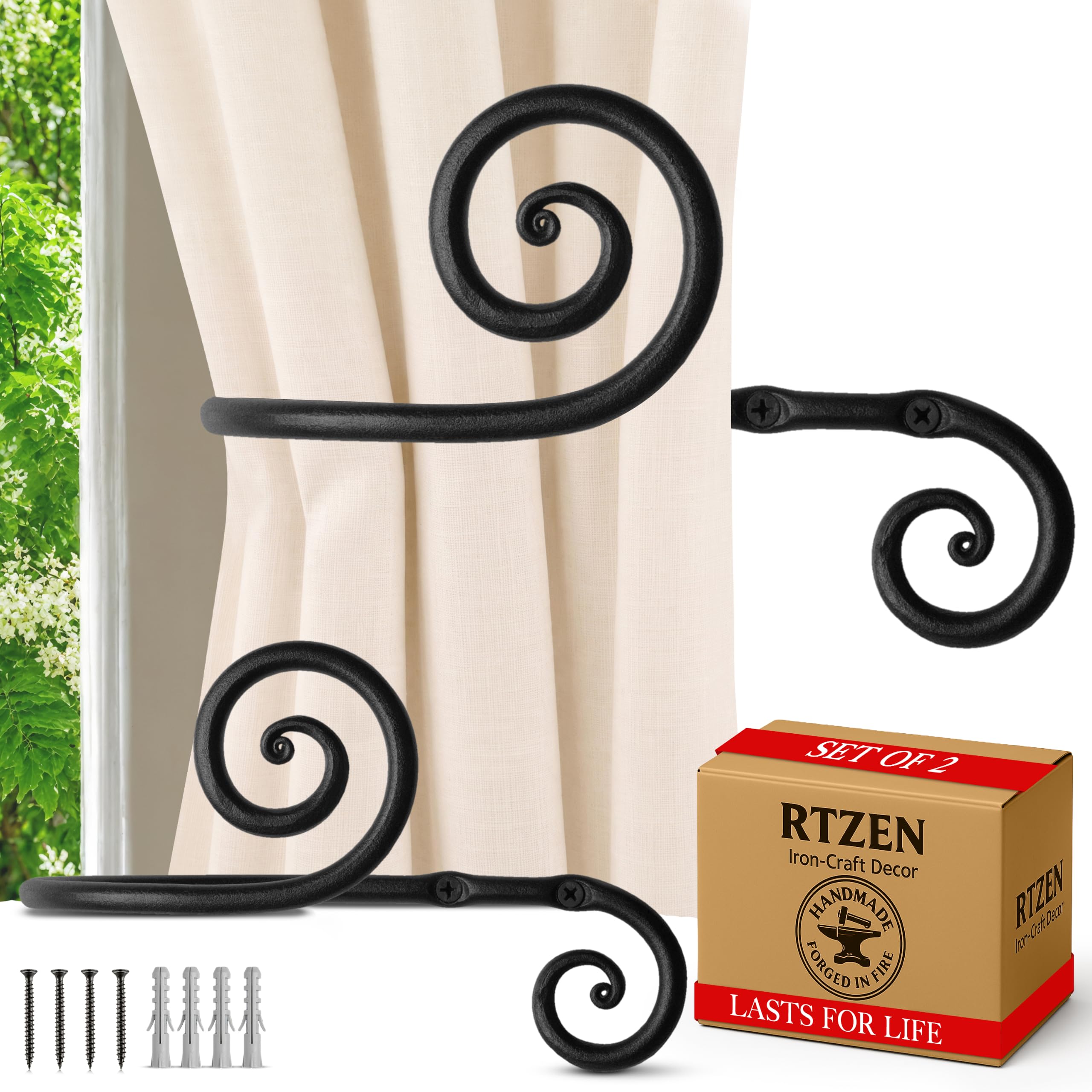 RTZEN Fermatende decorativi in metallo, in ferro battuto stile rustico, supporti per tende da parete, dal design unico, 2 pezzi (nero a spirale)