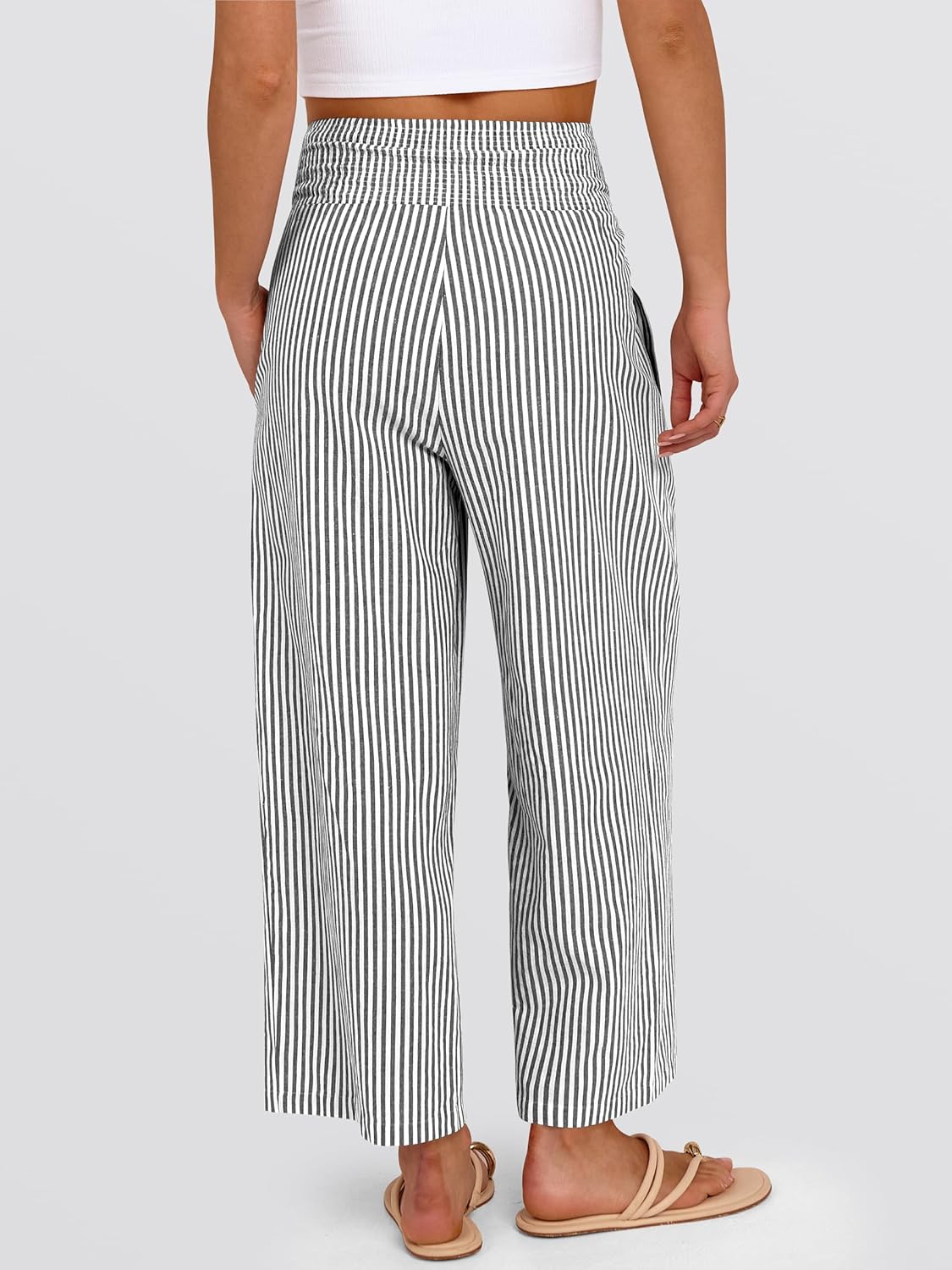 ANRABESS Women Striped Gingham Wide Leg Palazzo Pants Casual Lounge Cropped PJ Bottoms Comfy Cute Plaid Pants with Pockets - Image 5