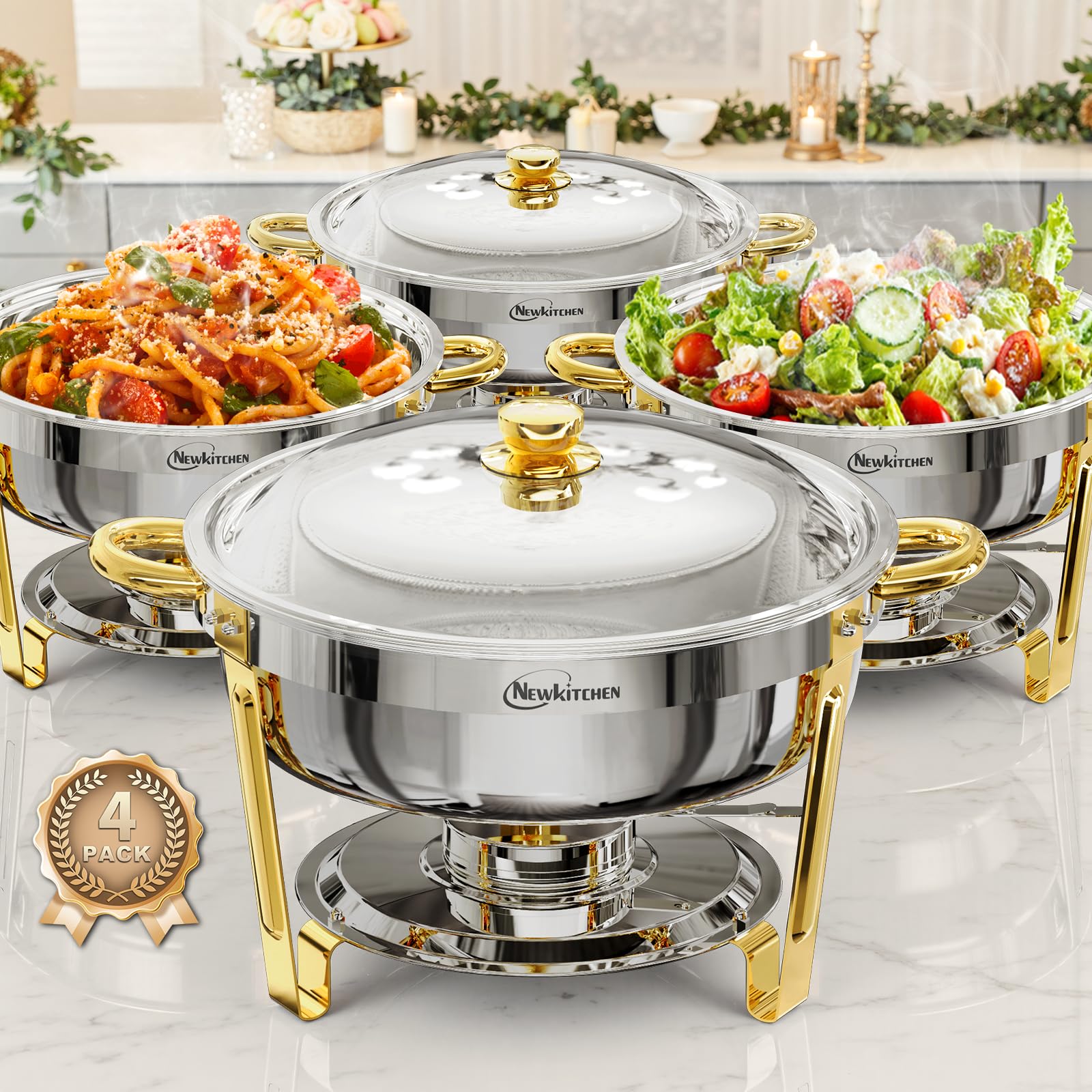 Chafing Dishes for Buffet 4 Pack, 6QT Round Chafing Dishes for Buffet [Elegant Gold and Silver Colors] Stainless Steel Chafing Dish Buffet Set for Any Party