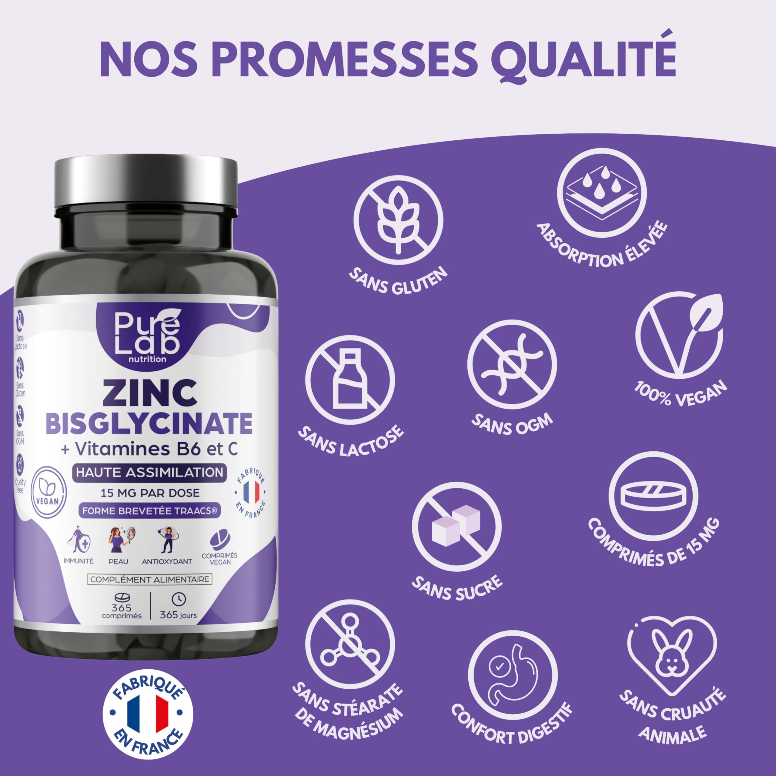 Zinc Bisglycinate + Vitamines B6 et C - Haute Absorption - Immunité, Antioxydant, Peau - Sans Lactose, Sans Gluten - Fabriqué en France - Cure 1 An, 365 Comprimés - Pure Lab Nutrition®