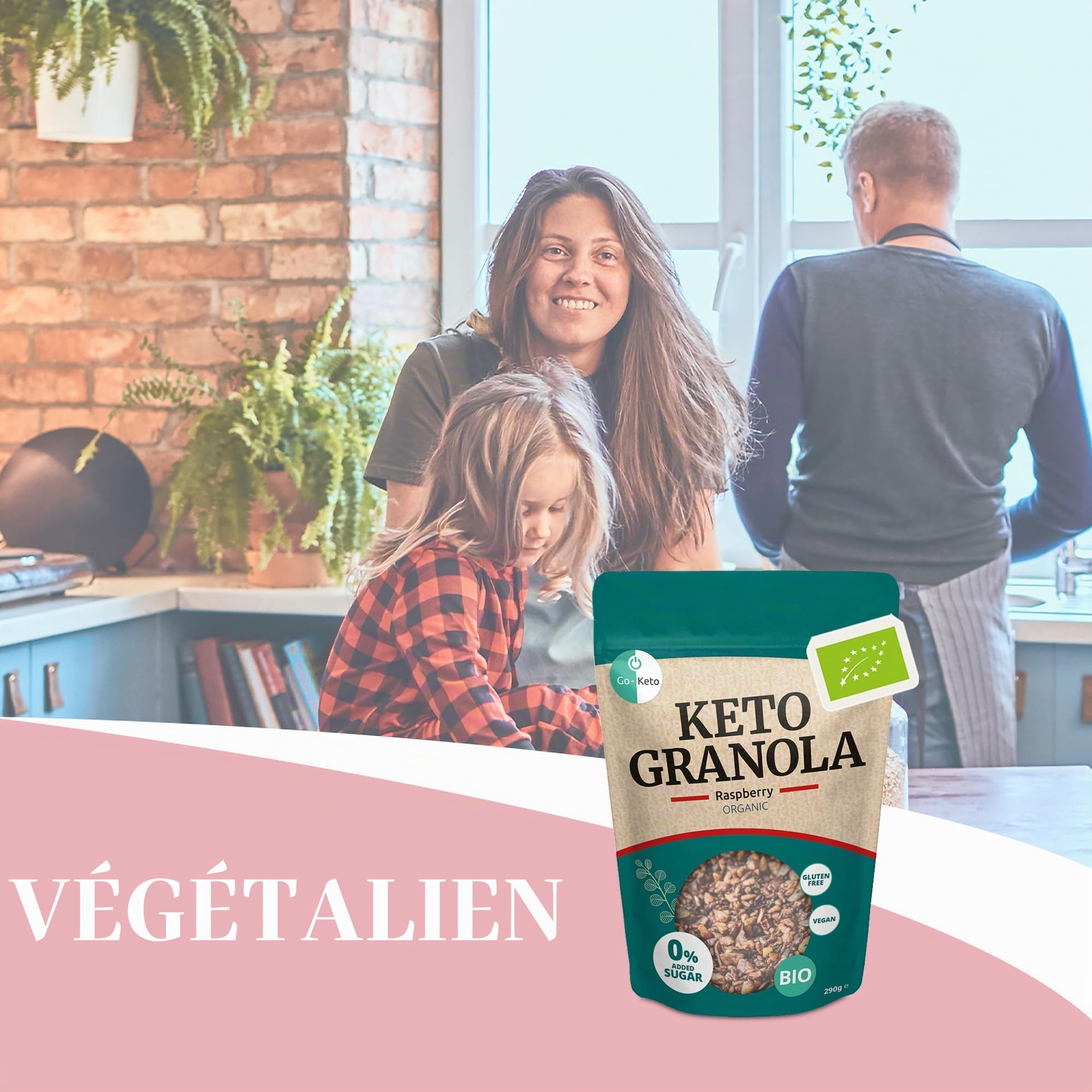 Go-Keto BIO Keto Granola Raspberry 6x 290g - Muesli Keto pour un délicieux petit déjeuner Keto, avec chips de noix de coco, noix, graines de tournesol & pépins de courge, végétalien, sans gluten