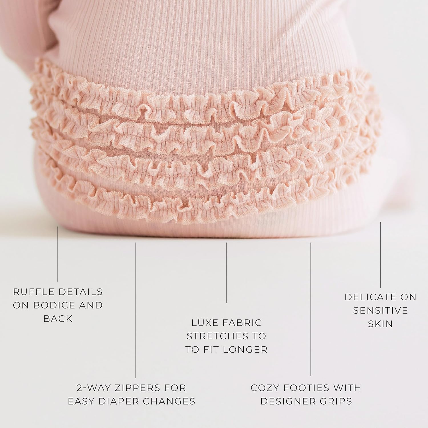 Posh Peanut Solid Ribbed - Sandy Blush - Footie Ruffled Zippered One Piece - 0-3 months - Image 4