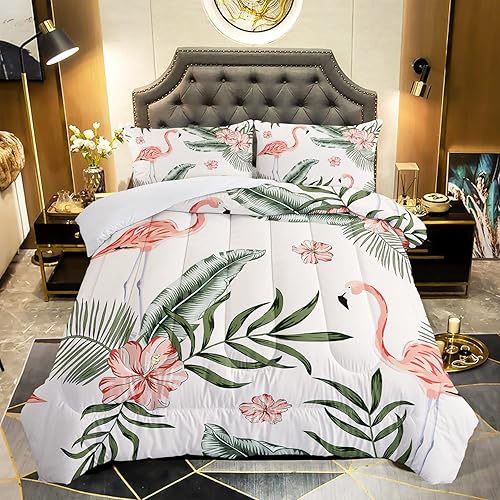 Miniatura 1 de Juego de edredón de flamenco, tamaño individual, estampado de hojas de palmera y flamenco, tropical, juego de ropa de cama acolchado con flores para