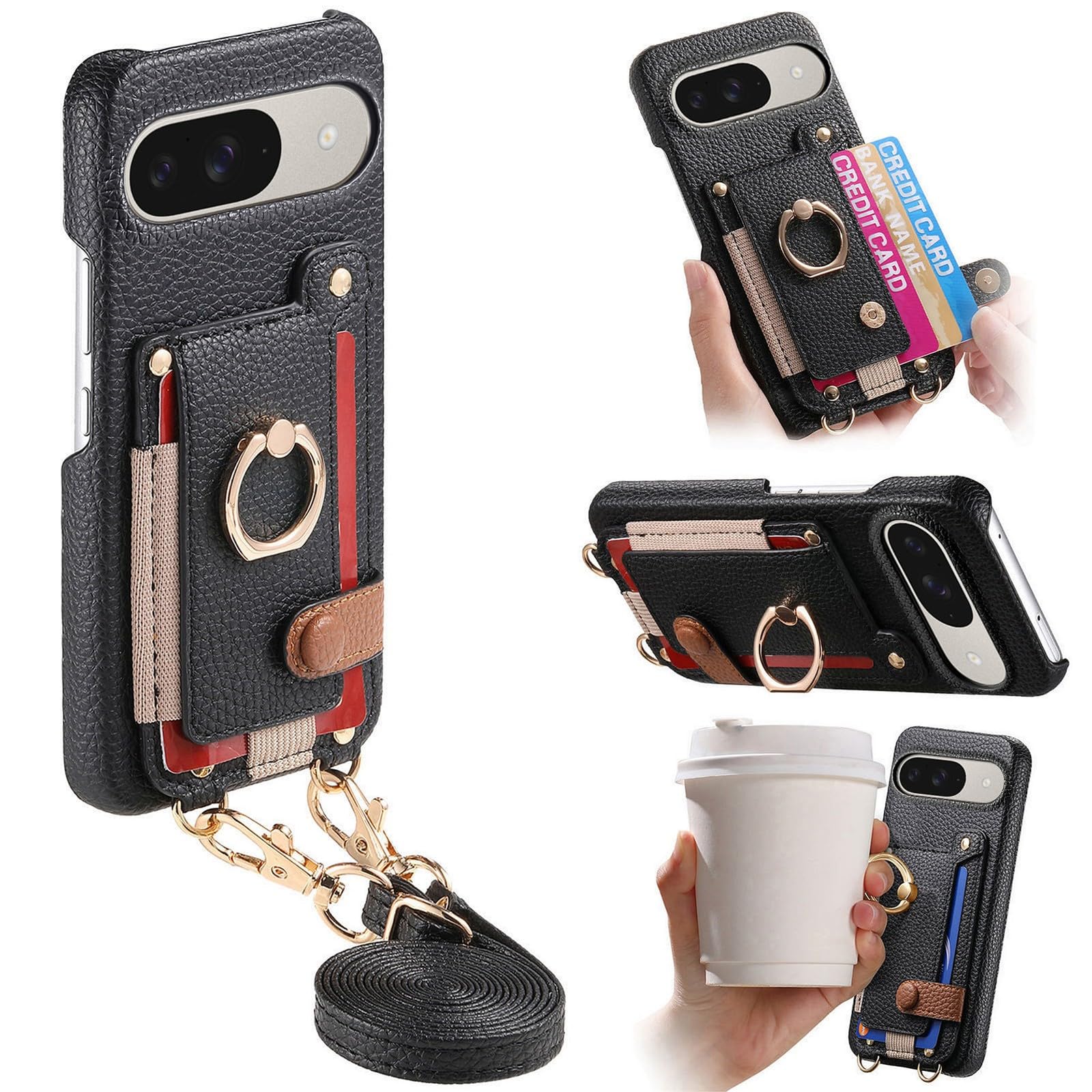 Generic Compatible con Google Pixel 8A (color negro) Funda tipo cartera rígida de piel con correa para el hombro