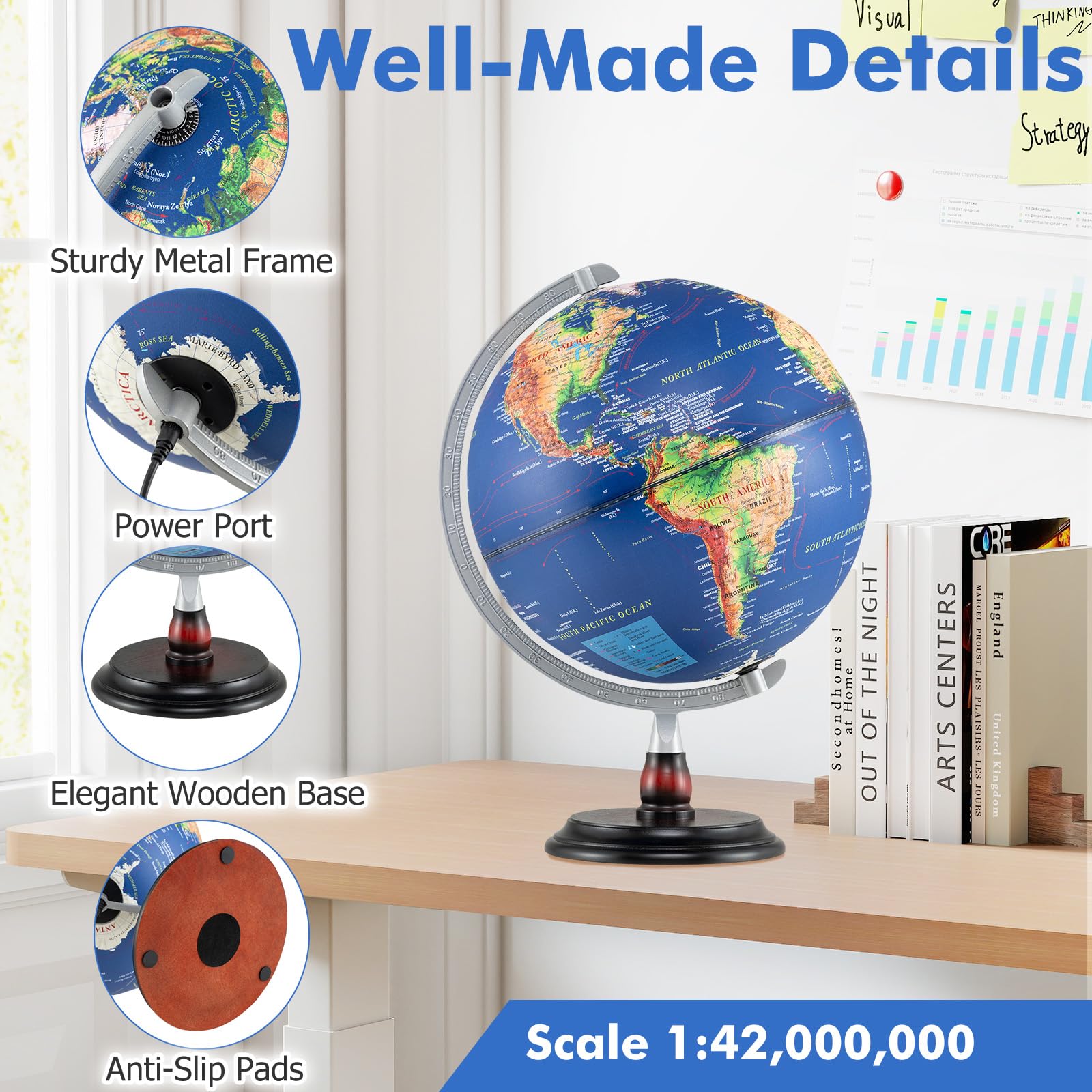 LIFEZEAL 30 cm Globo Terrestre illuminato con illuminazione a LED,Globo da ufficio educativo con rilievo geografico e fusi orari, Gobe geografico con base in legno stabile per studio e decorazione I