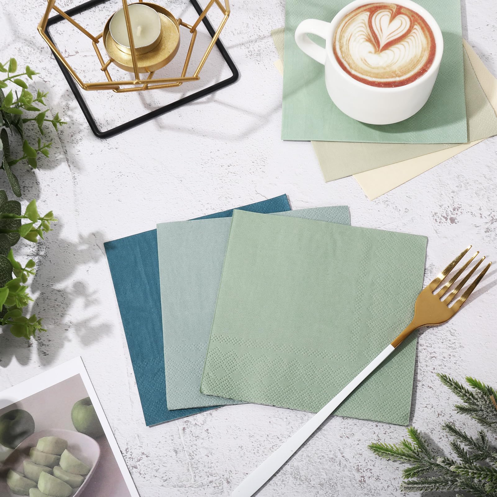 Whaline 200 Stück Cocktail-Servietten In Salbeigrün – 12,7x12,7 Cm, Mit Farbverlauf & Gewellten Kanten