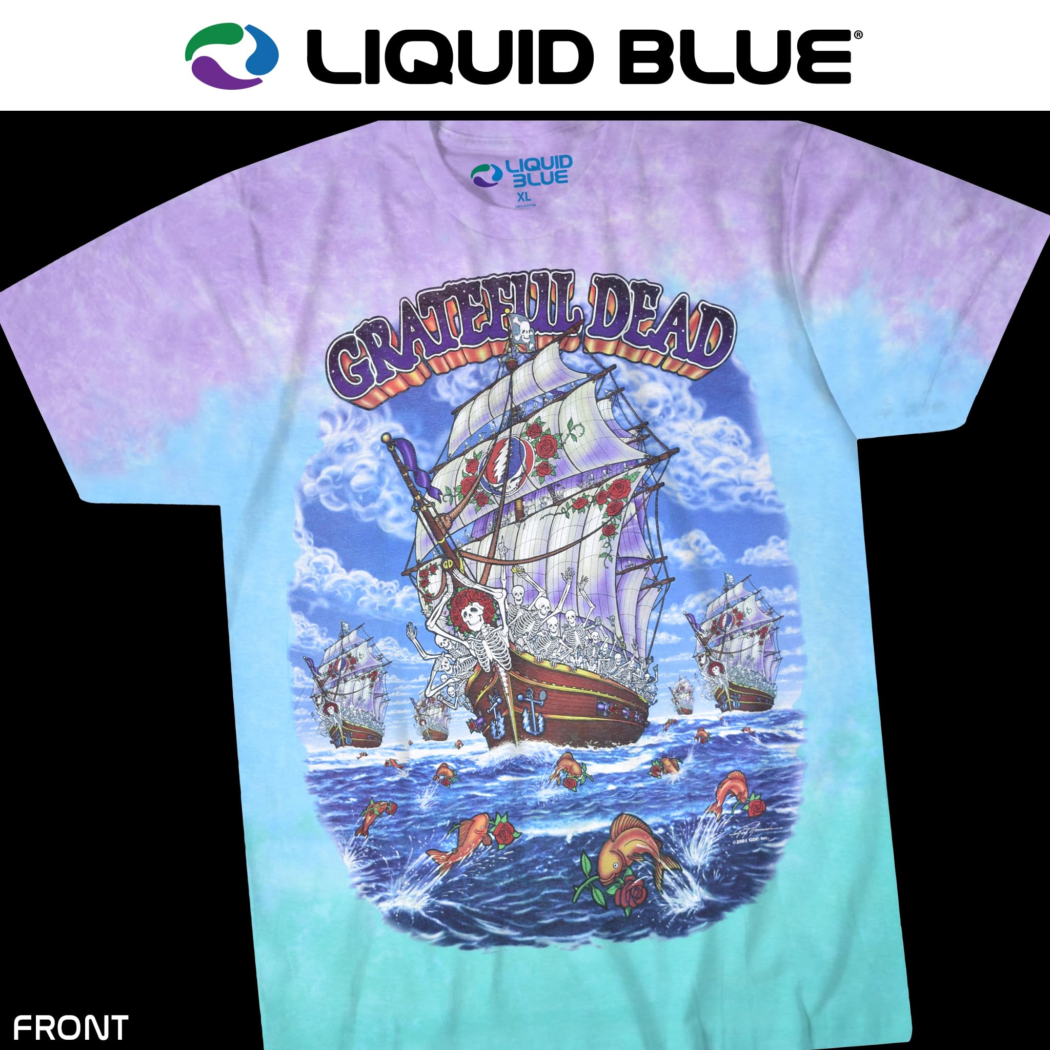 Liquid Blue Grateful Dead Ship of Fools Tie Dye Short Sleeve T-Shirt T-Shirt Uomo