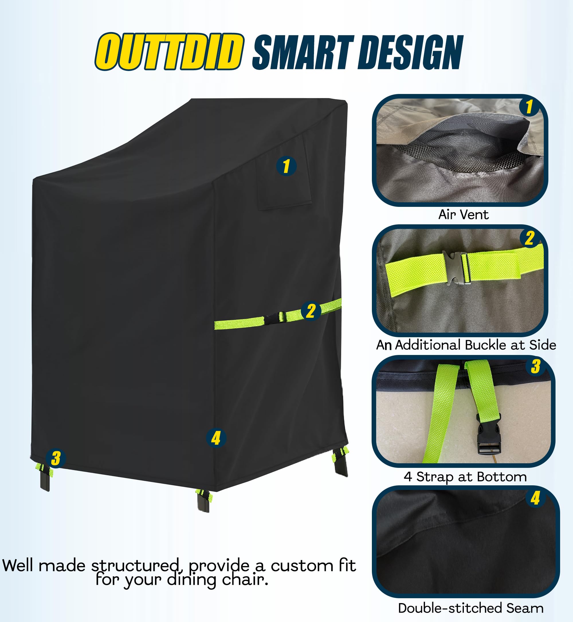Housse de Protection pour Chaises de Jardin Empilables Imperméable, Tissu Oxford 600D, 71x91x80/120cm, Noir