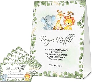 Safari Diaper Raffle Tickets For Baby Shower, Woodland Jungle Animals Diaper Raffle Baby Shower Games, Baby Shower Decorations, Diaper Raffle Cards - 1 Sign With 50 Tickets Cards - B04