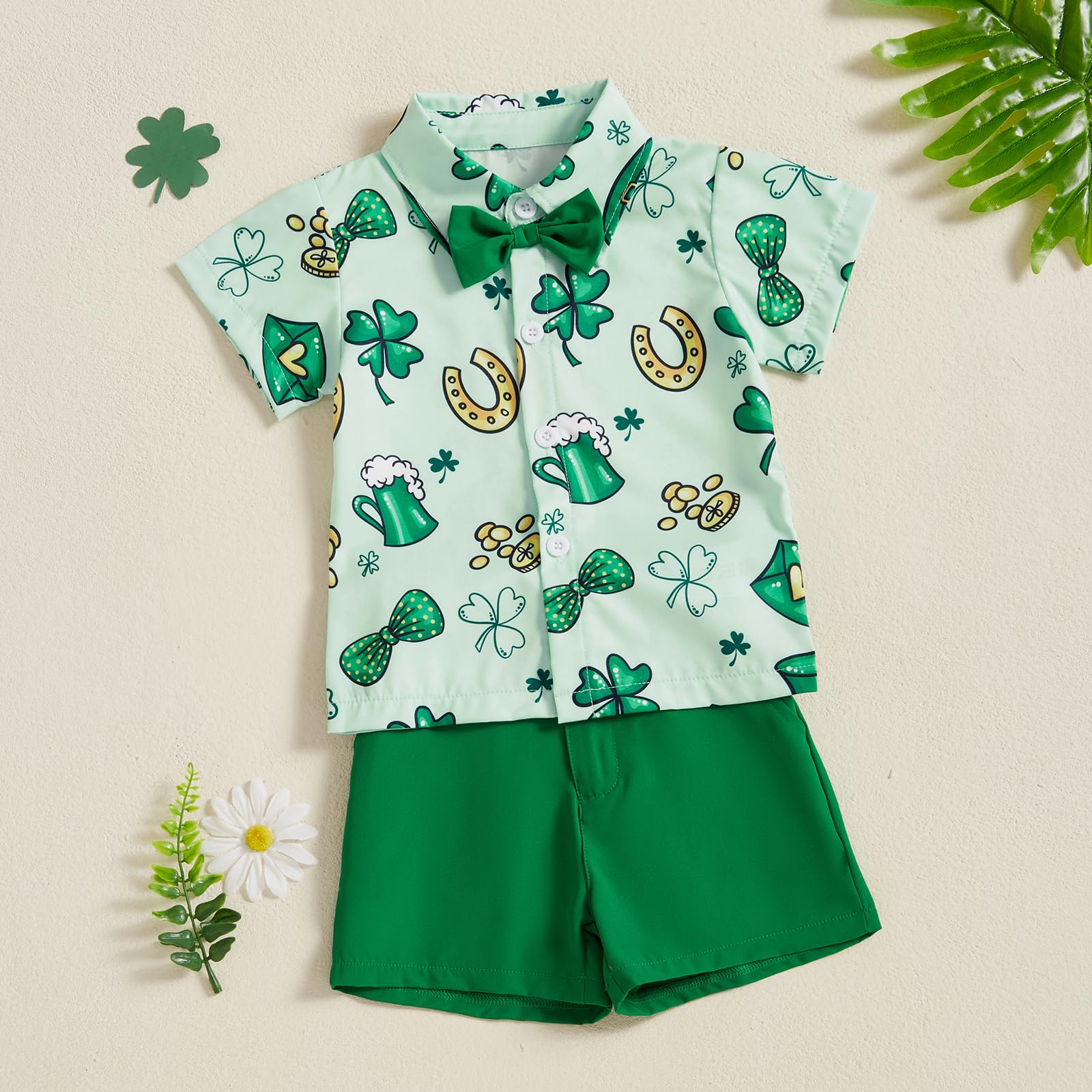 Owl's-Yard Baby Boy St. Patrick's Day Outfit Shamrock Print Short Sleeve Button Down Shirt with Shorts 2 Pcs Summer Clothes (C-Green, 2-3T)