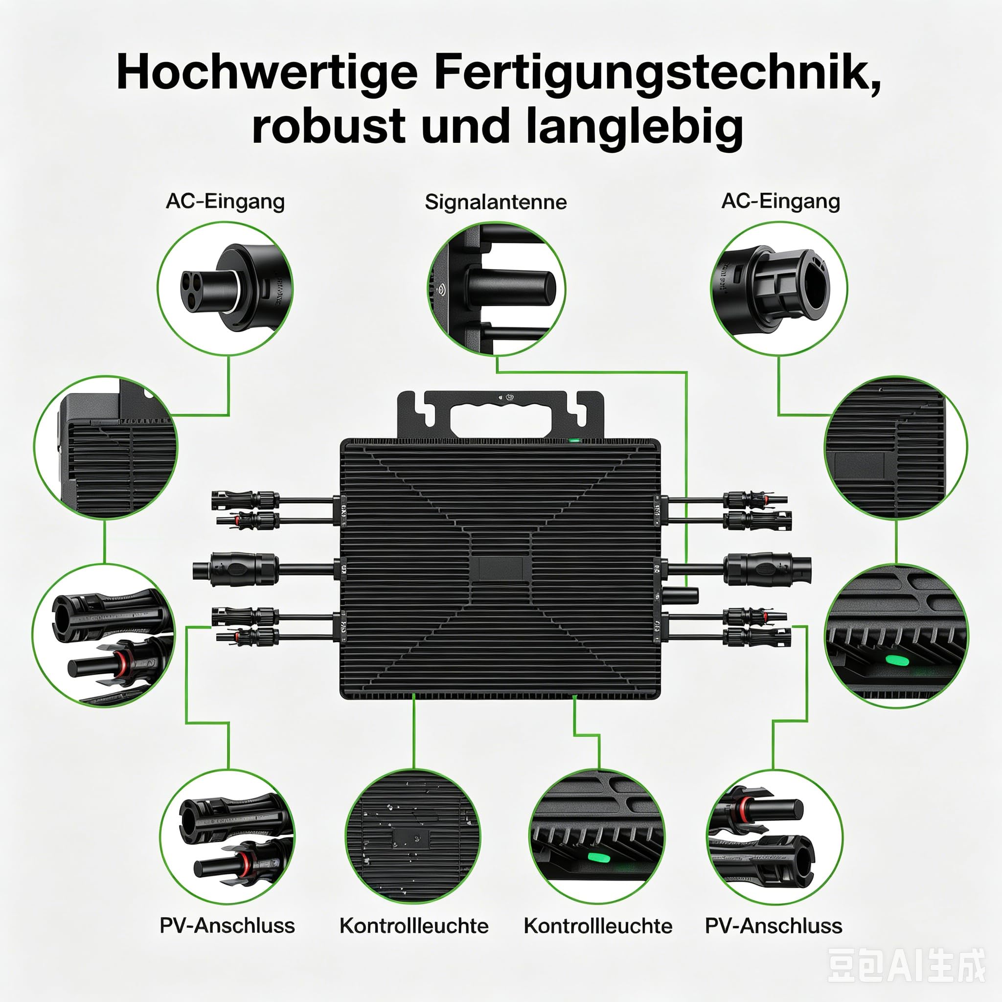 Balkonkraftwerk Wechselrichter 1600W, intelligenter Mikrowechselrichter mit WLAN & Bluetooth, Fernüberwachung per App, integriertes MPPT, IP67 wasserdicht sowie (1600W+5m KABLE)