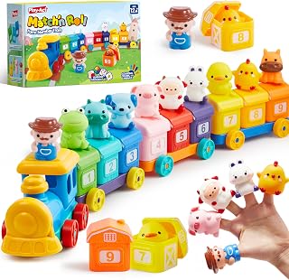 JOYIN Montessori Farm Train Toy for Toddlers 1-3 Years: Wooden Counting Sorting Set with 9 Animals, Boys Girls Gift