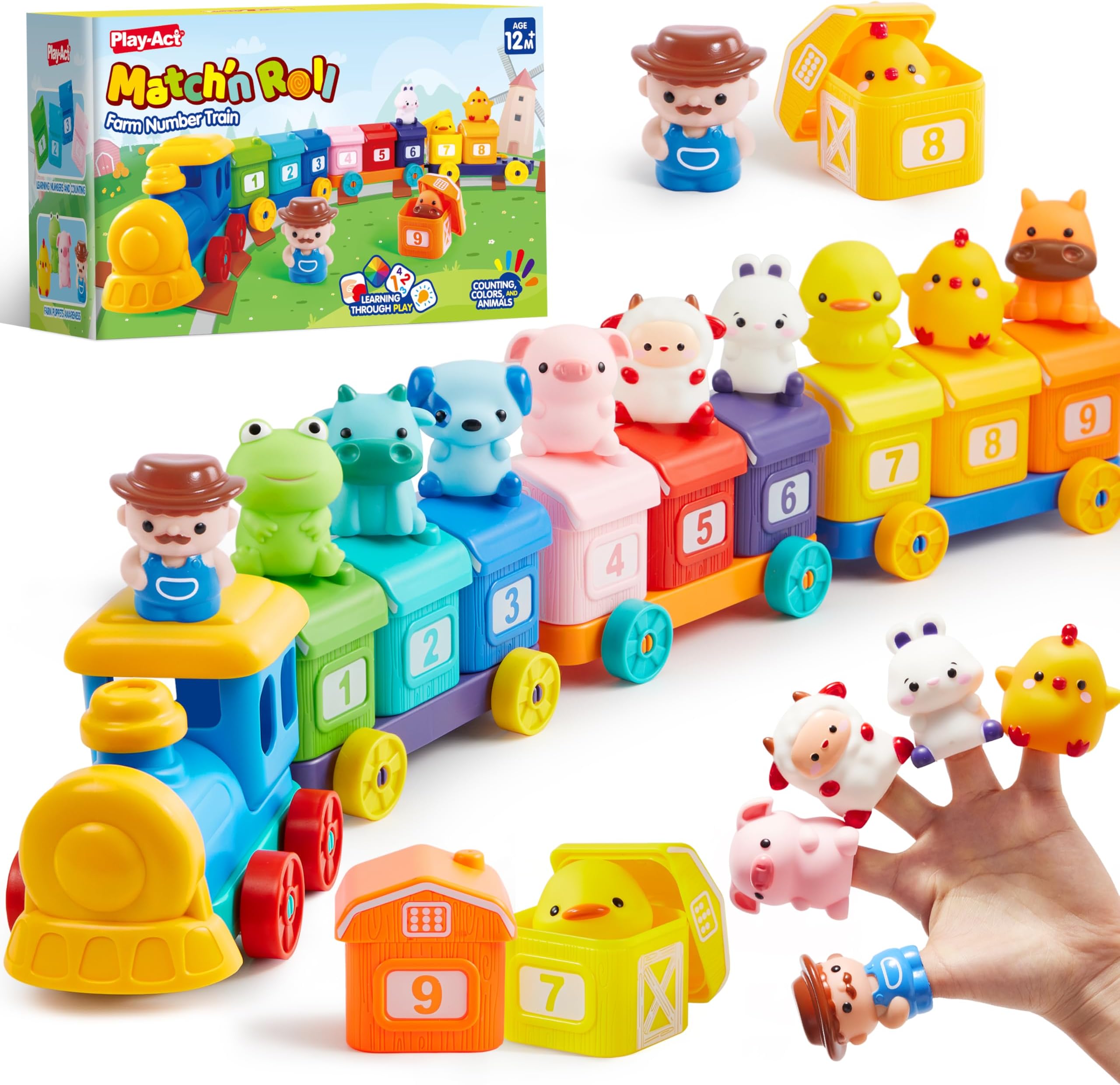 Montessori farm train for counting, combining and sorting, includes 9 farm animals and 1 farmer, learning for children 1-3 years old