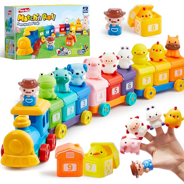 Play-Act Montessori Tren de Granja para Contar, Combinar y Clasificar, Incluye 9 Animales Granja y 1 Granjero, Aprendizaje para Niños 1-3 Años