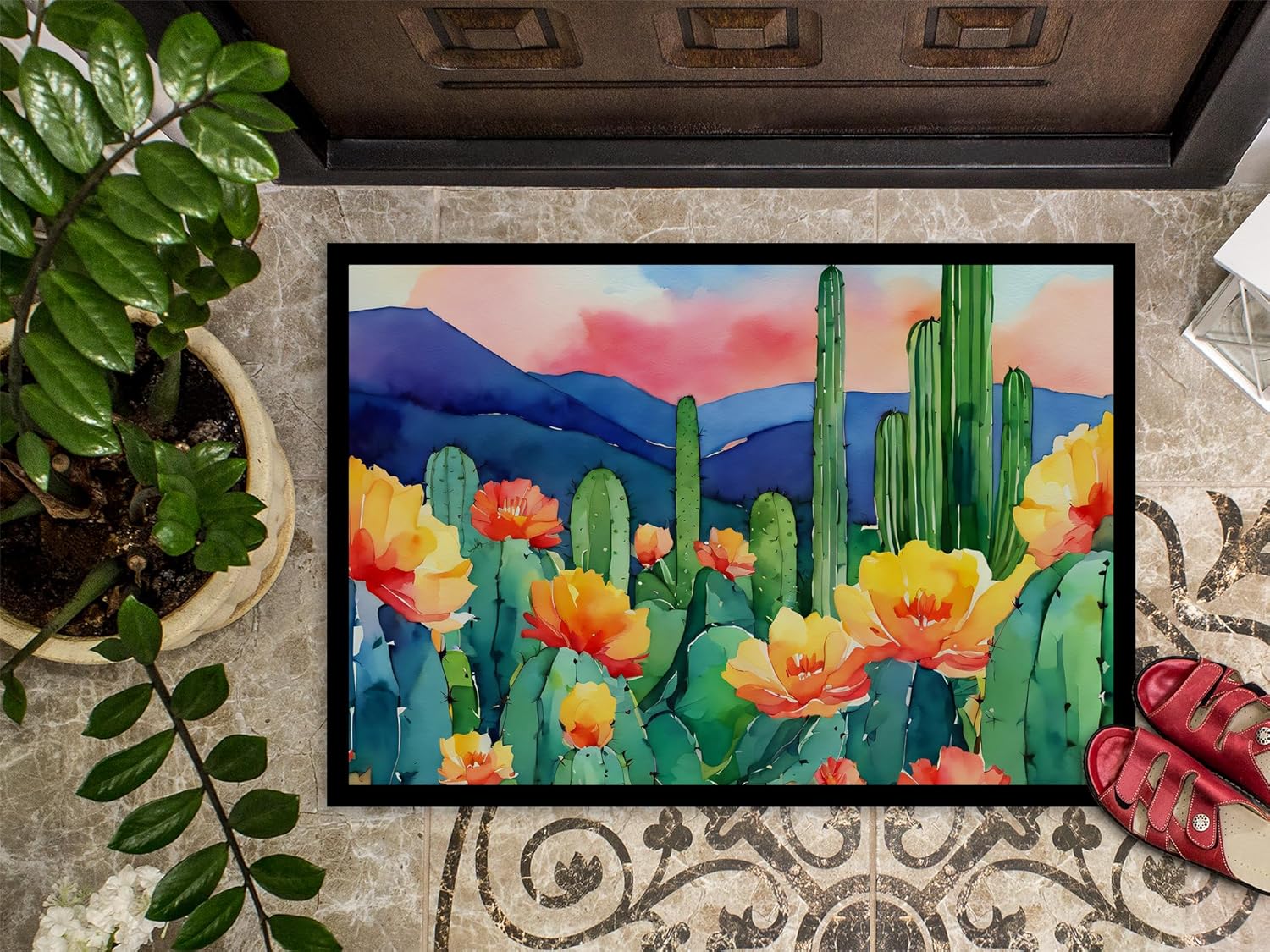 Caroline's Treasures DAC1626JMAT Arizona Saguaro Cactus Blossom in Watercolor Indoor or Outdoor Mat 24x36 Front Door Mat Indoor Outdoor Rugs for Entryway, Non Slip Washable Low Pile