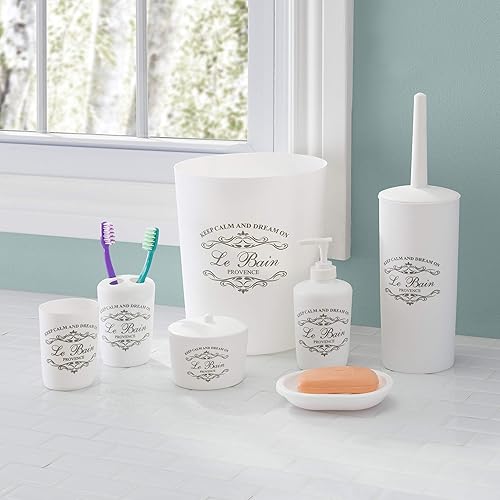 Miniatura 6 de Home Basics - Juego de baño de 7 piezas (blanco), hecho de plástico, incluye vaso, soporte para cepillos de dientes, jabonera, dispensador de