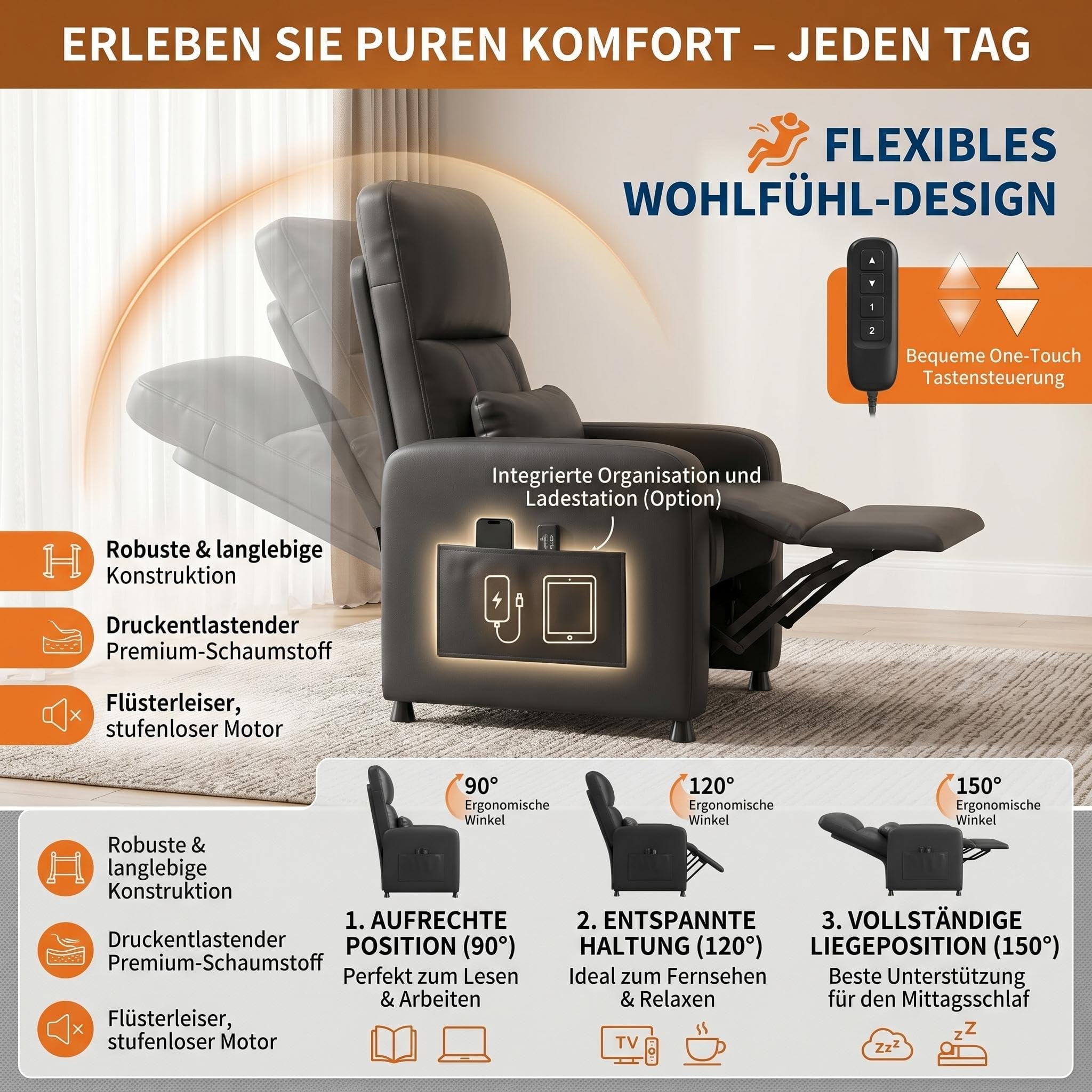 Massagesessel Elektrisch mit 8 Massagemodi, Relaxsessel mit Liegefunktion & Heizfunktion, Fernsehsessel mit Lendenstütze, USB-Anschluss & Seitentasche, Sessel für Wohnzimmer, belastbar bis 180 kg