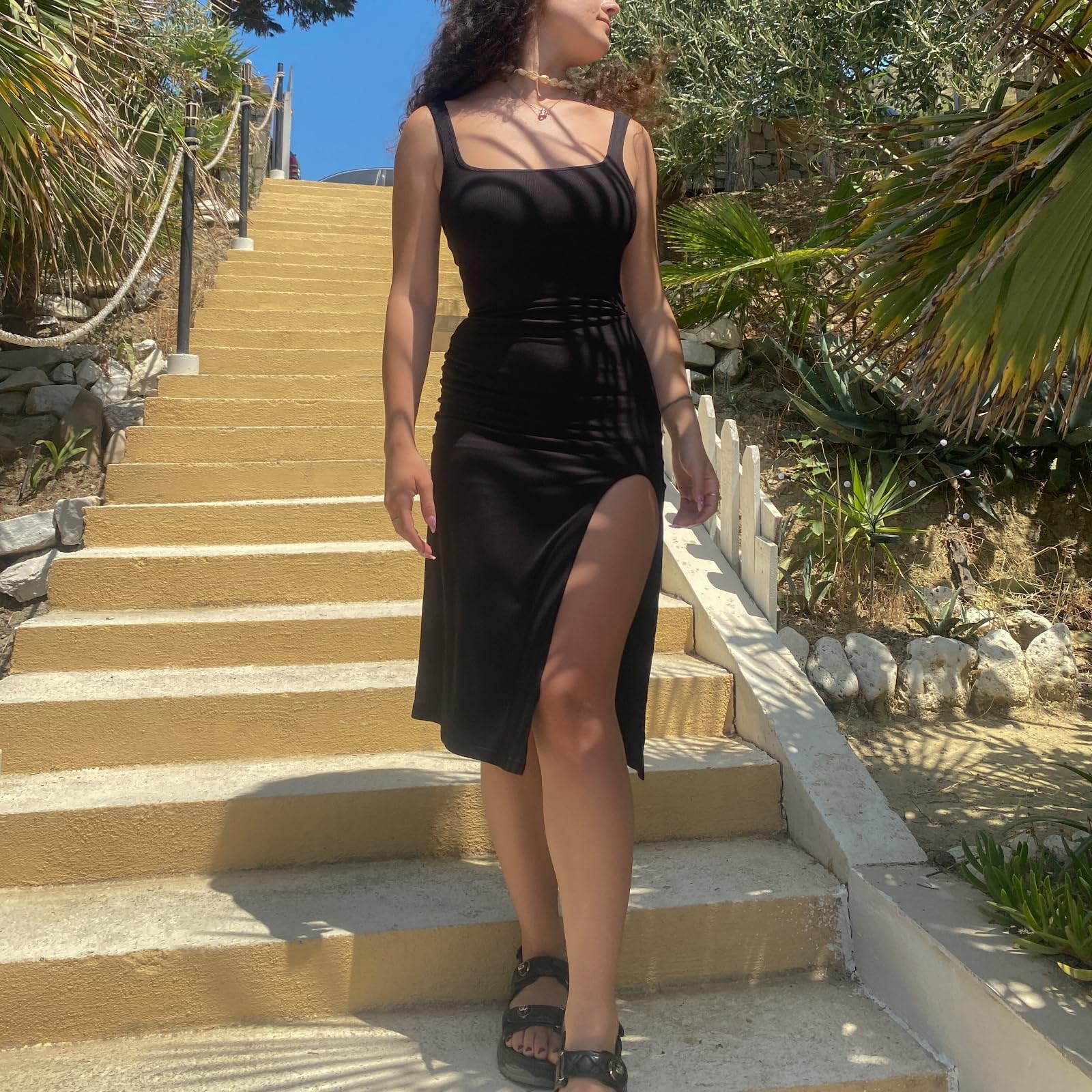 SHAPERIN Robe Sculptante Longue Femme Shapewear Slit Robe Col Carré Décontracté Moulante Robe Midi sans Manches