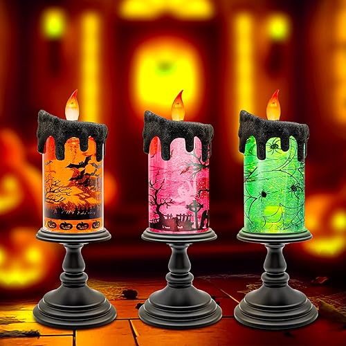 Miniatura 8 de Vela de globo de nieve de Halloween con escena de cementerio rosa, vela LED sin llama con cera de goteo negra, funciona con pilas, decoración de