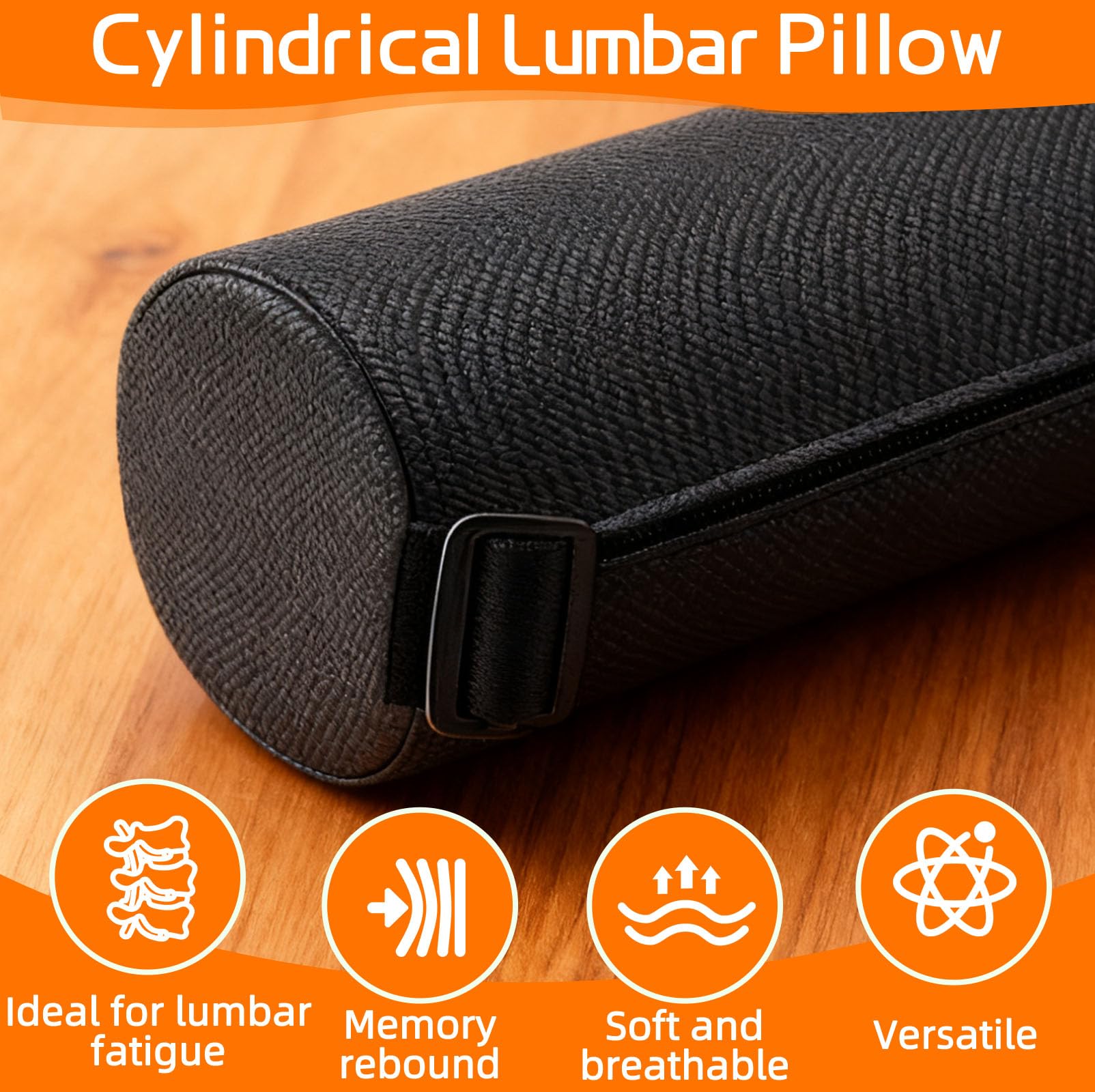 Cuscino Lombare con Cinghia Elastica Rimovibile & Fodera Lavabile, Cuscino Memory Foam Supporto Lombare Sedia Ufficio Inferiore 28x12cm, Rotolo Protezione Ergonomico per Auto, Casa, Viaggio (Nero)