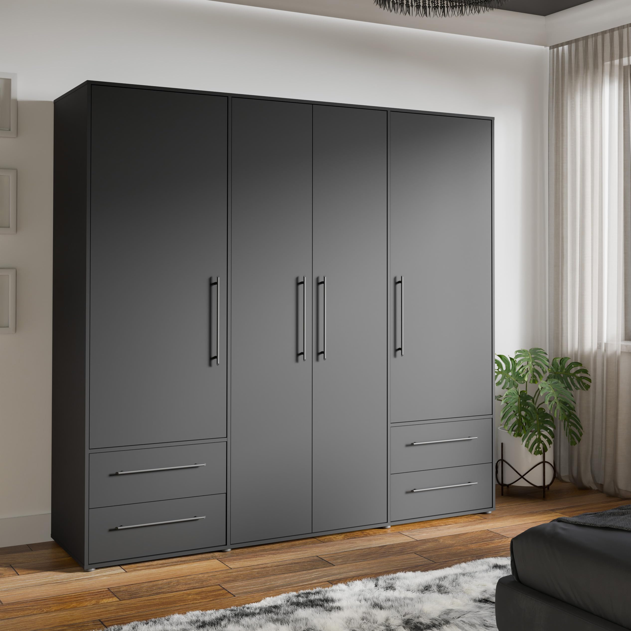 Forte Jupiter Kleiderschrank 200 210, 4-türiger Drehtürenschrank mit 4 Schubladen, Einlegeböden, Kleiderstange, Holzwerkstoff, Schwarz Matt, 205,9 cm breit, 200,1 cm hoch, 58,8 cm tief