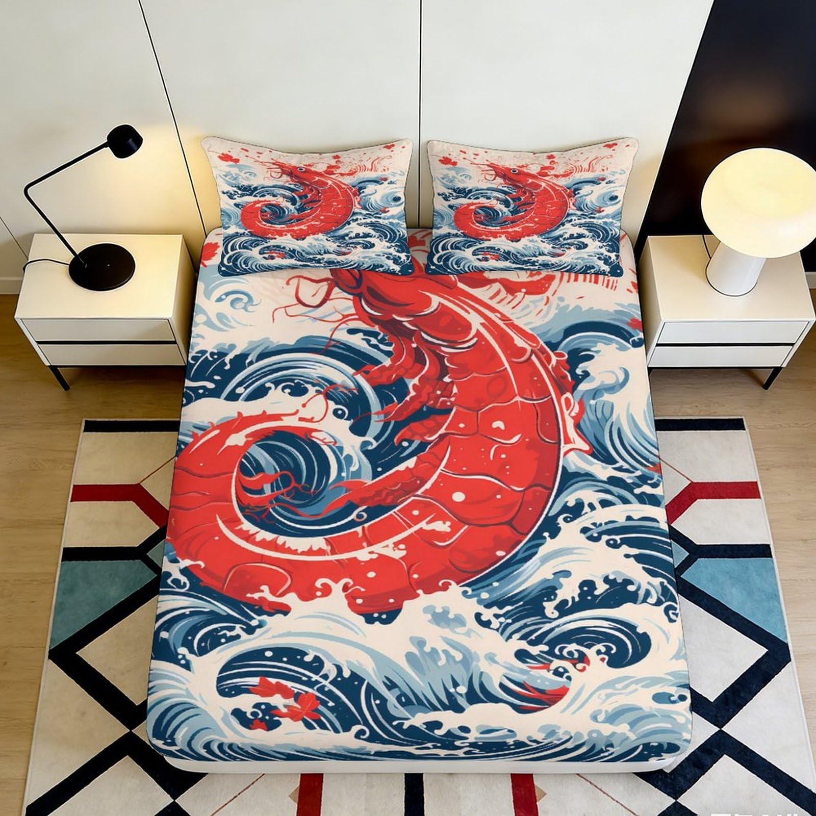 Uynsixtme Style-4 3D Printed Koi Wave Pattern Fitted Sheet Microfiber Deep Pocket Non-Slip Bedding Koi Mattress Fitted Cover Machine Washable Home 200X200x25cm
