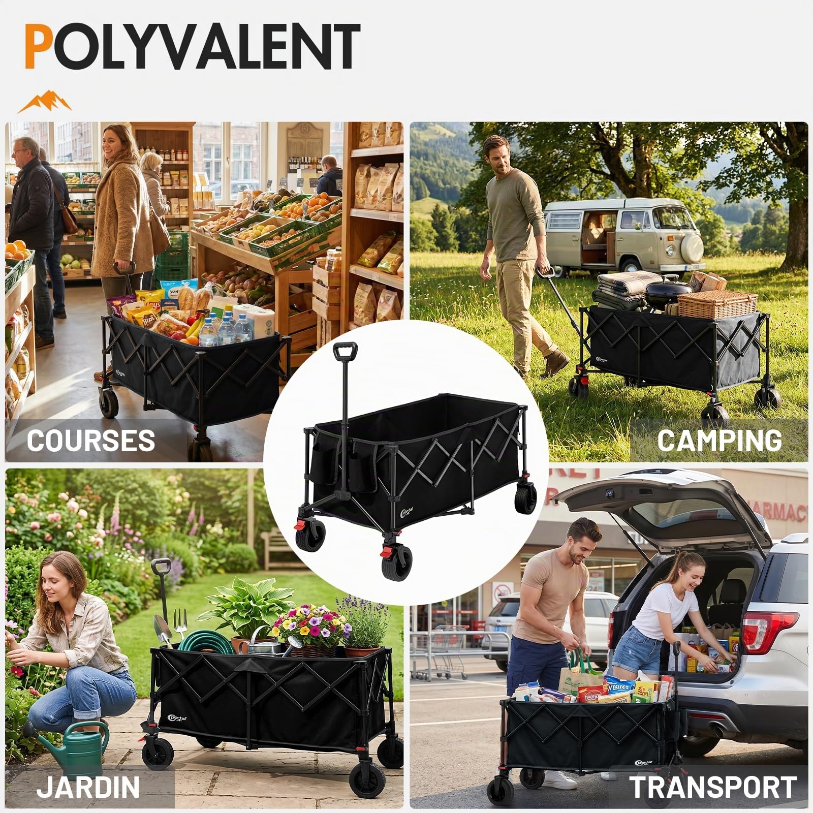 Portal Chariot de Transport Pliable XXL 300L Capacité 150kg Roues Tout Terrain 360° Frein Double Poignée Réglable Idéal pour Jardin Plage Camping et Courses Nior