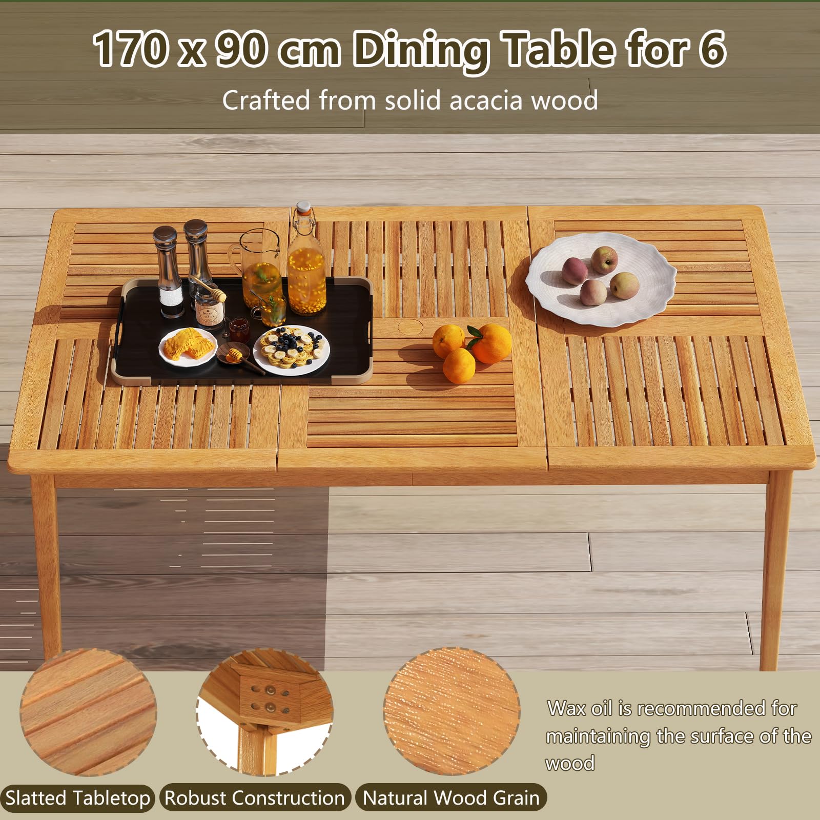 GIANTEX Stół ogrodowy do jadalni z otworem na parasol Ø 5 cm, prostokątny stół zewnętrzny z drewna akacjowego dla 6 osób, na taras, patio, 170 x 90 x 75,5 cm
