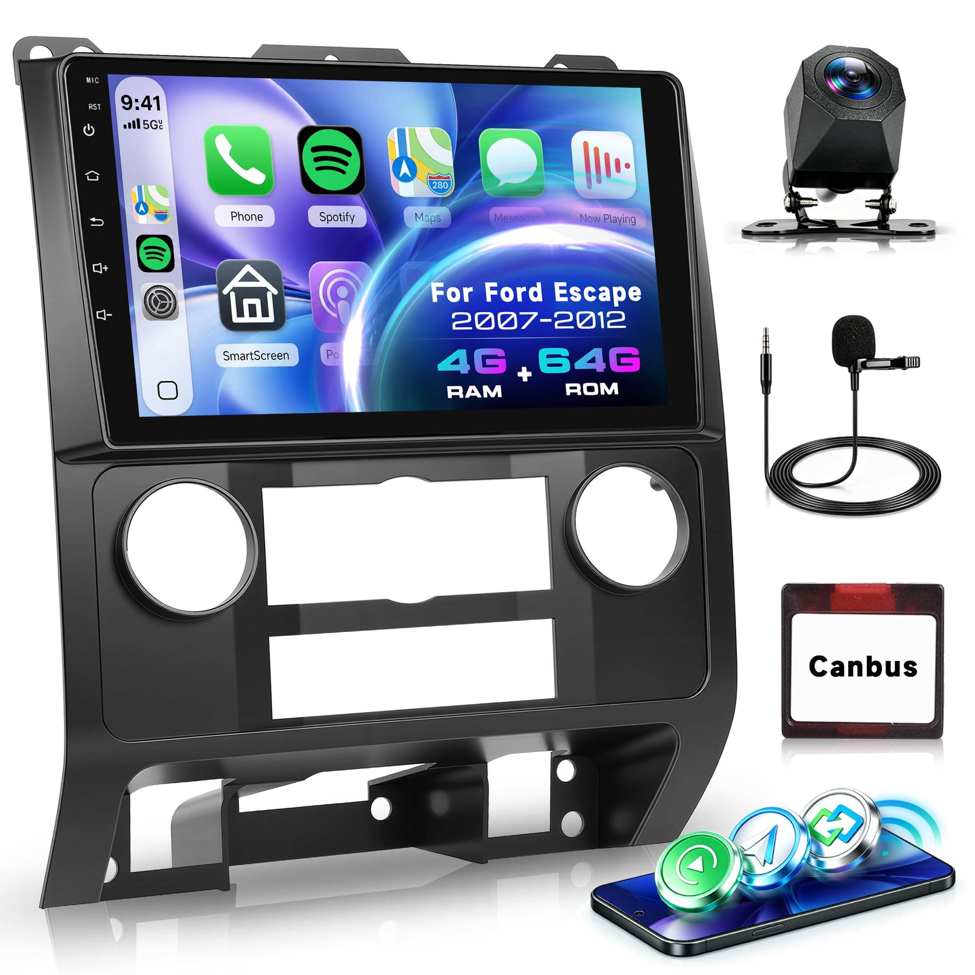 Android Car Stereo for Ford Escape 2007-2012/Ford Kuga 2007-2012/Mazda Tribute 2007-2012,Wireless Carplay Android Auto Car Radio,2G+64G 9’’ Touch Screen Head Unit GPS WiFi Bluetooth FM Backup Camera-image-38
