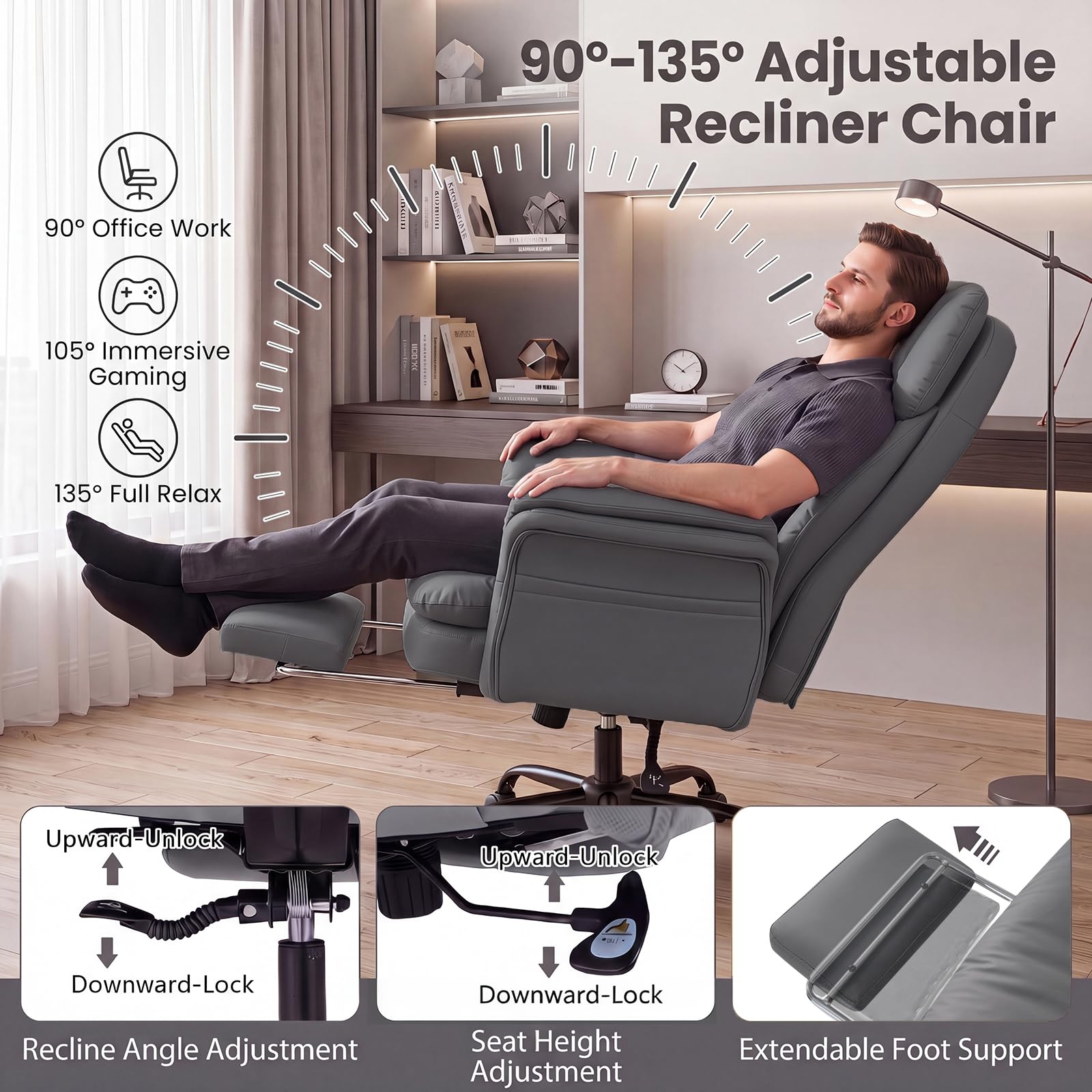 GIANTEX Sedia da Ufficio Ergonomica con Ruote, Altezza Regolabile (Grigio)