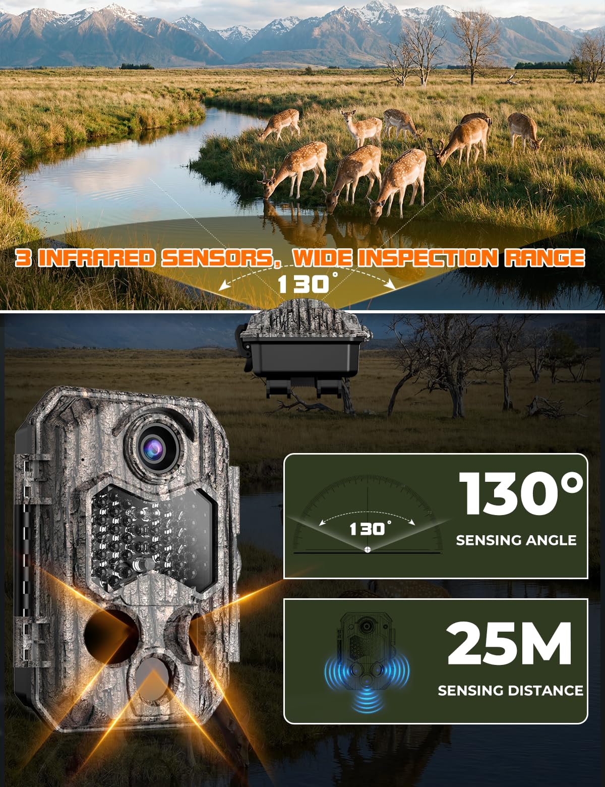 Wildkamera, Video 4K H.264 60MP mit 10000mAh Akku | WLAN Kamera Jagd mit Integrierter SD-Karte,IR Nachtsicht, Bewegungserkennung & 130° Weitwinkel