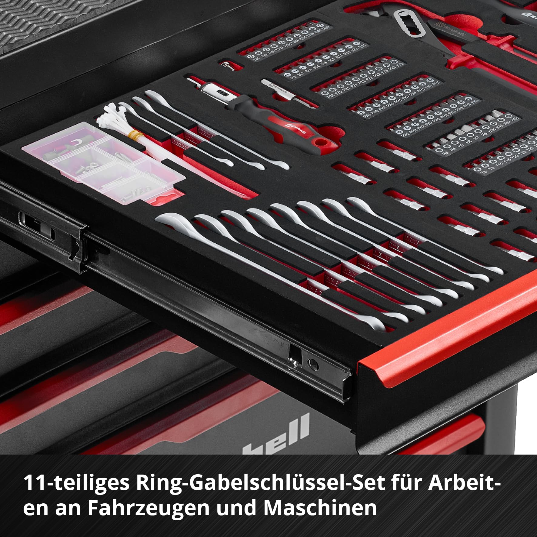 Einhell Kit d'outils pour servante d'atelier 6 pads – 287 pièces avec embouts de précision et spéciaux, pinces, vis, clé à douille, niveau à bulle, marteau et mètre ruban