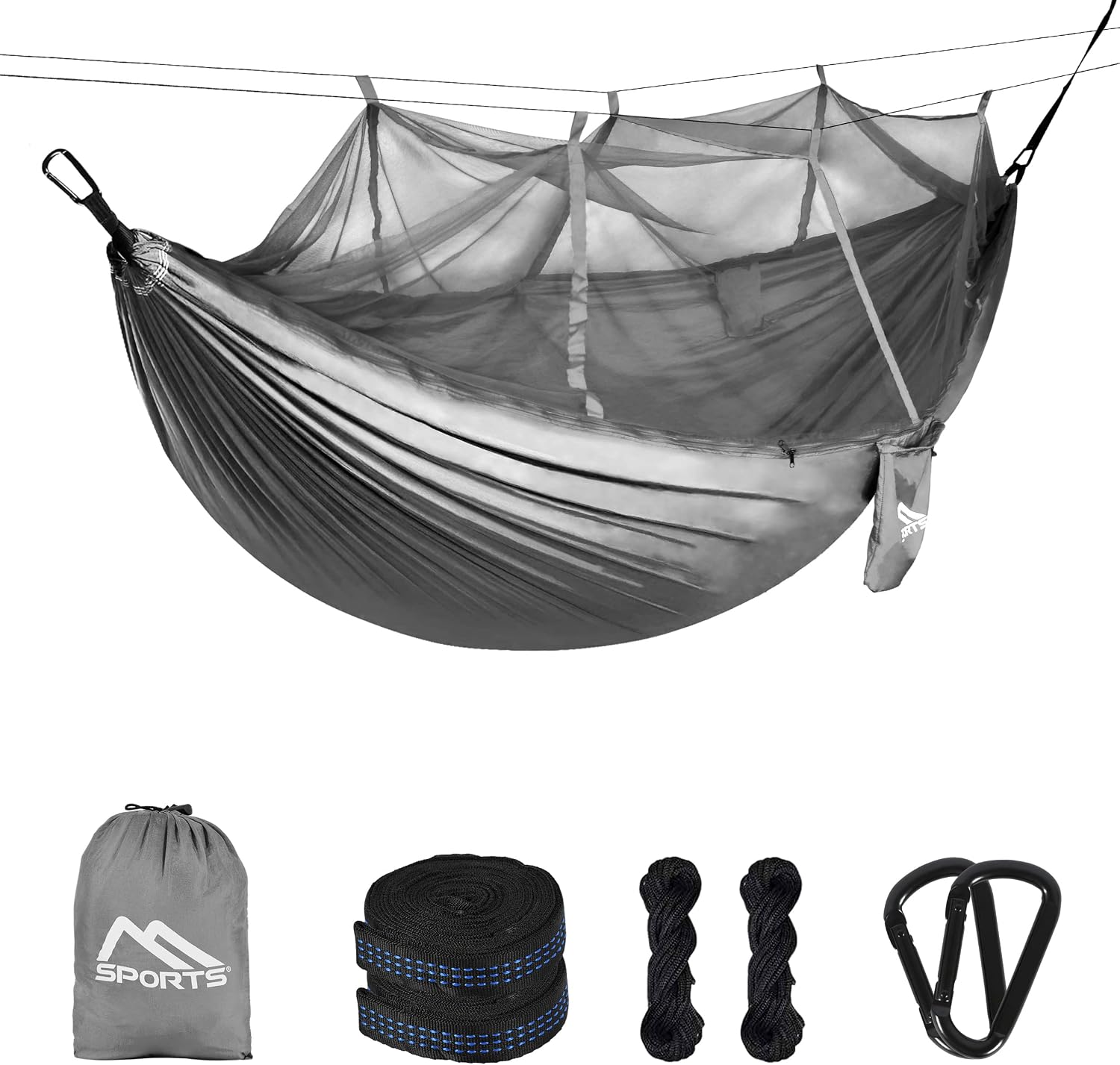 MSPORTS Camping Hängematte Premium Ultraleicht mit Moskitonetz | 250 kg Tragkraft, Atmungsaktiv (Silber-Grau)