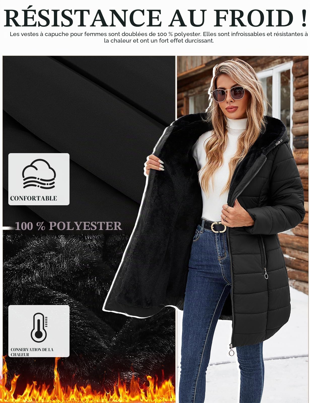 Yuson Girl Manteau Femme Longue Matelassé Polaire Doublé Manteau Hiver Veste Épais Chaud Parka Manteau Blouson Zippé à Capuche Hooded Coat Elégant Veste Imperméable Outercoat avec Poches