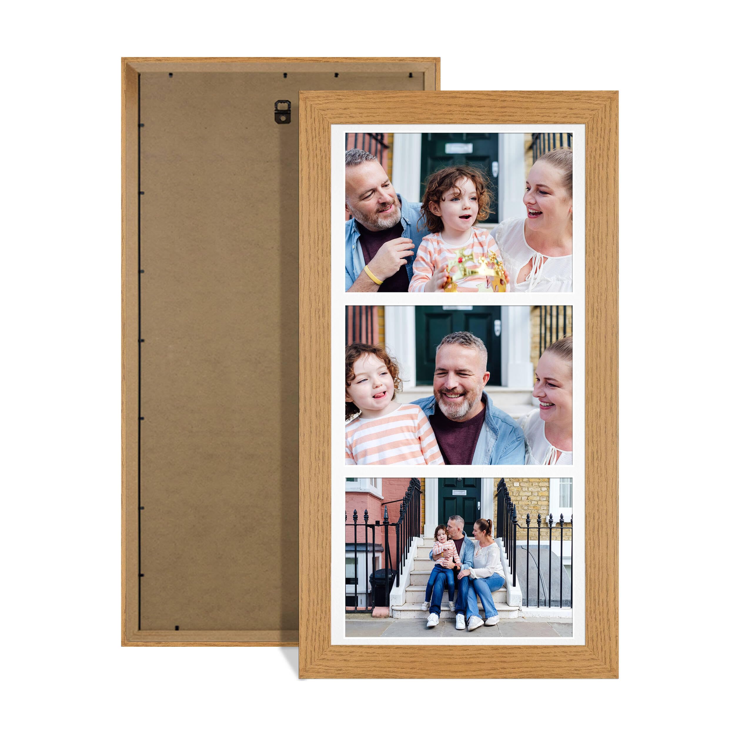 Alison Kingsgate Oak 16x8 Photo frames for multiple pictures-3 Apertures Collage Frame with White Mount - Holds (3x) 7x5 Photos - Engineered Wood & Perspex