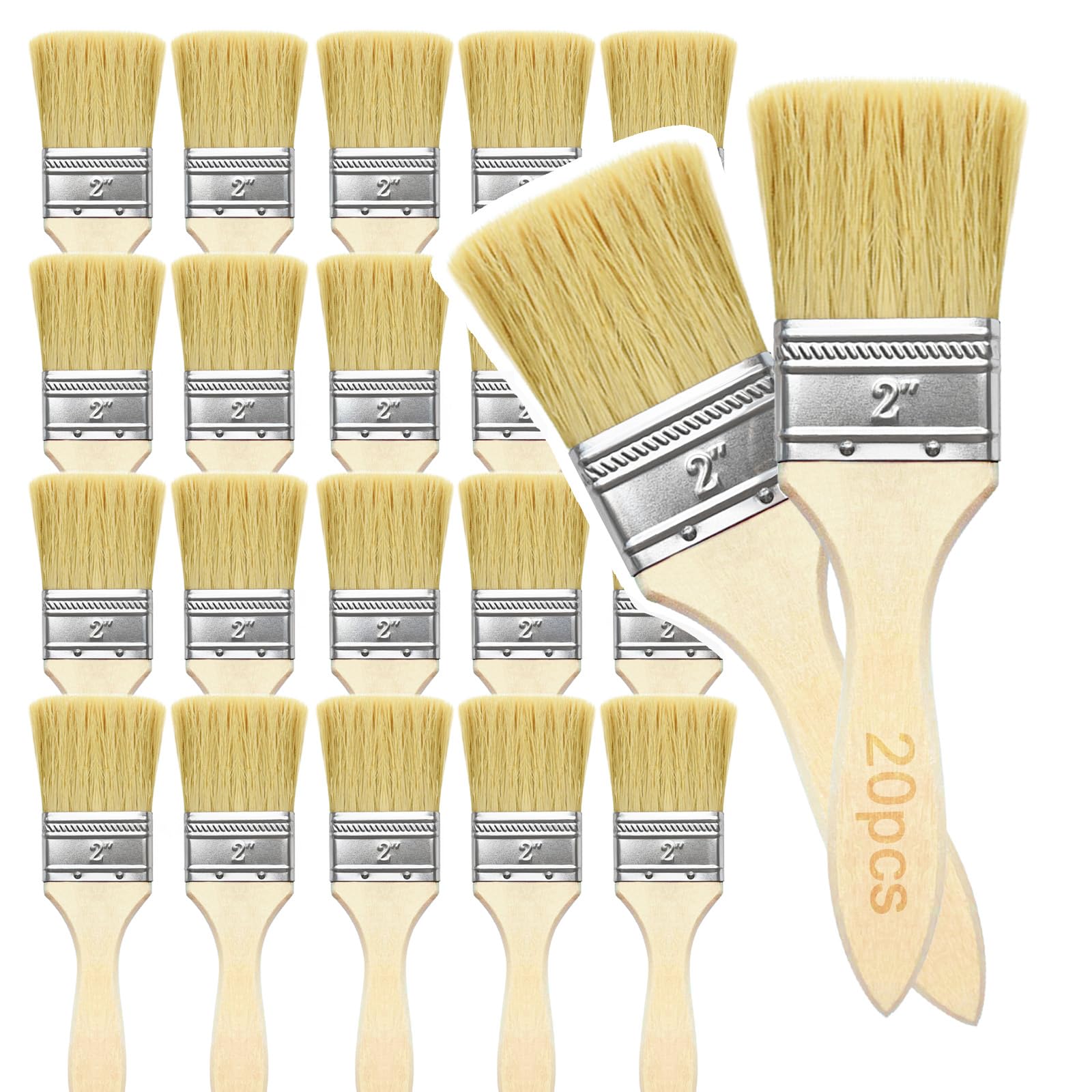 PDKKFF 20PCS 2 inch Paint Brush Set, Chip Paint Brushes, Wooden Handle Paint Brush for Painting, Stain, Varnish, Glue, Wall, Furniture, Decorating-Woodwork and Home DIY