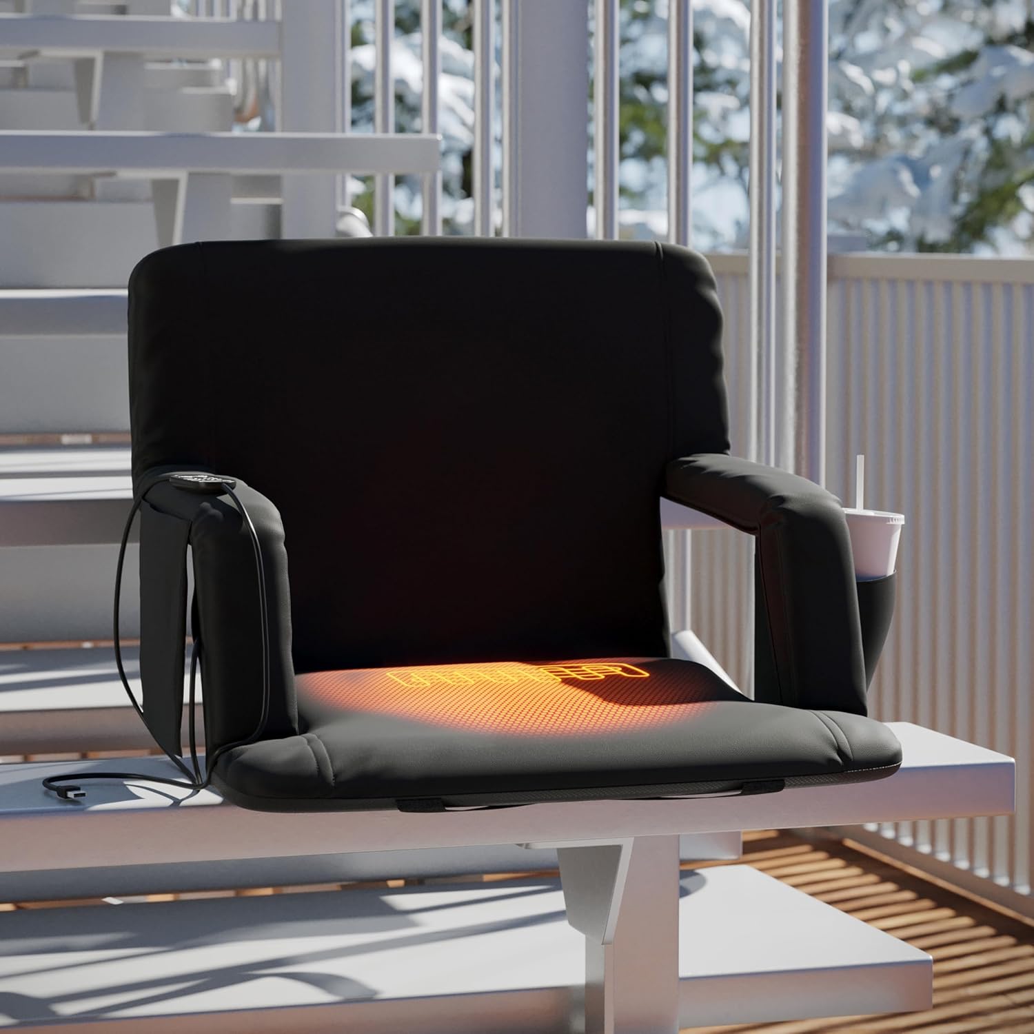 Extra Wide Black Heated Reclining Stadium Chair with Armrests