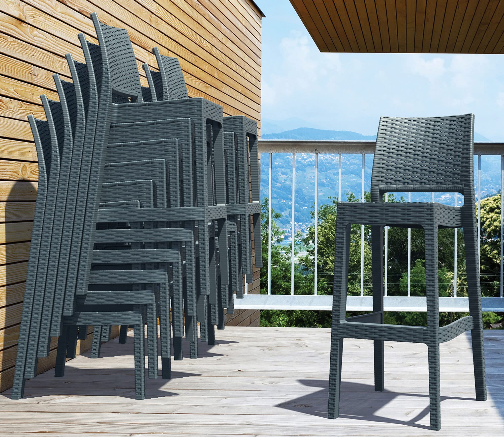 CLP 2er Set Barhocker Jamaica Mit Fußstütze I Outdoor-Tresenhocker In Rattan-Optik I Stapelbare Barstühle | Farbe dunkelgrau