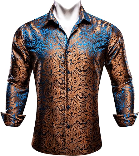 Vista 2 de Barry.Wang Camisa de vestir para hombre, de seda, de cachemira, de manga larga, con botones, formal, para boda, ajuste regular, para fiesta