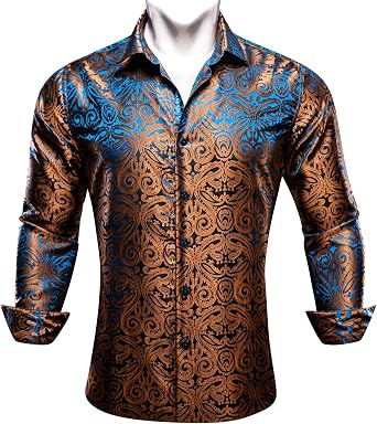Barry.Wang Mens 70s Disco Dress Shirts Paisley Long Sleeve Designer Outfit Floral Top for Dance Party Casua